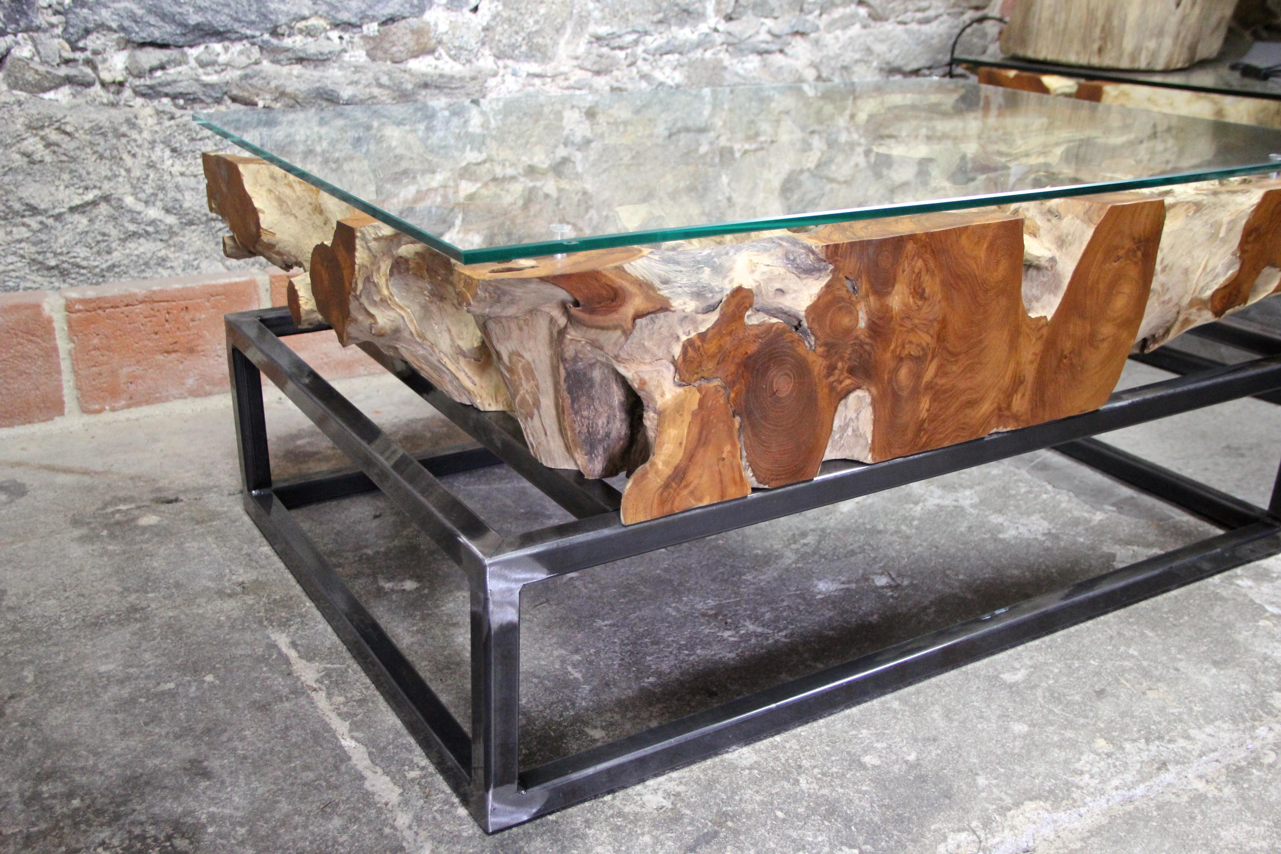Modern Organic Teak Root Coffee Table on Industrial Steel Base with Glass Plate 3