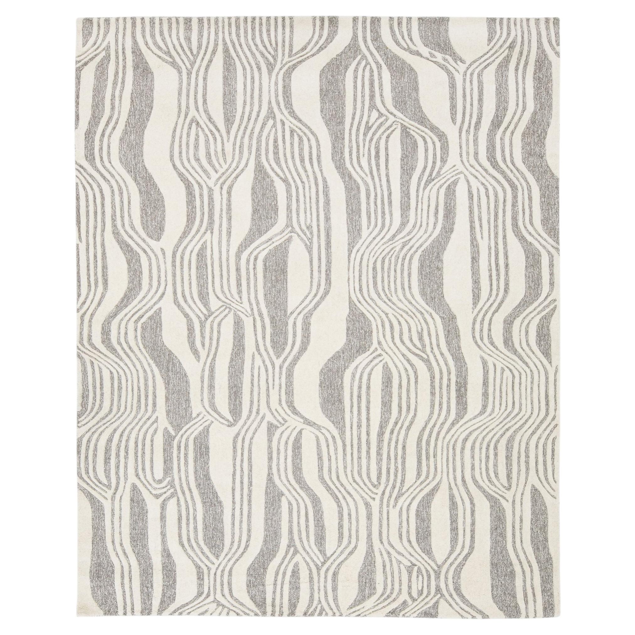 Moderner handgetufteter Wollteppich Organic Wave - Neutral Elfenbein & Grau Abstrakt 8x10