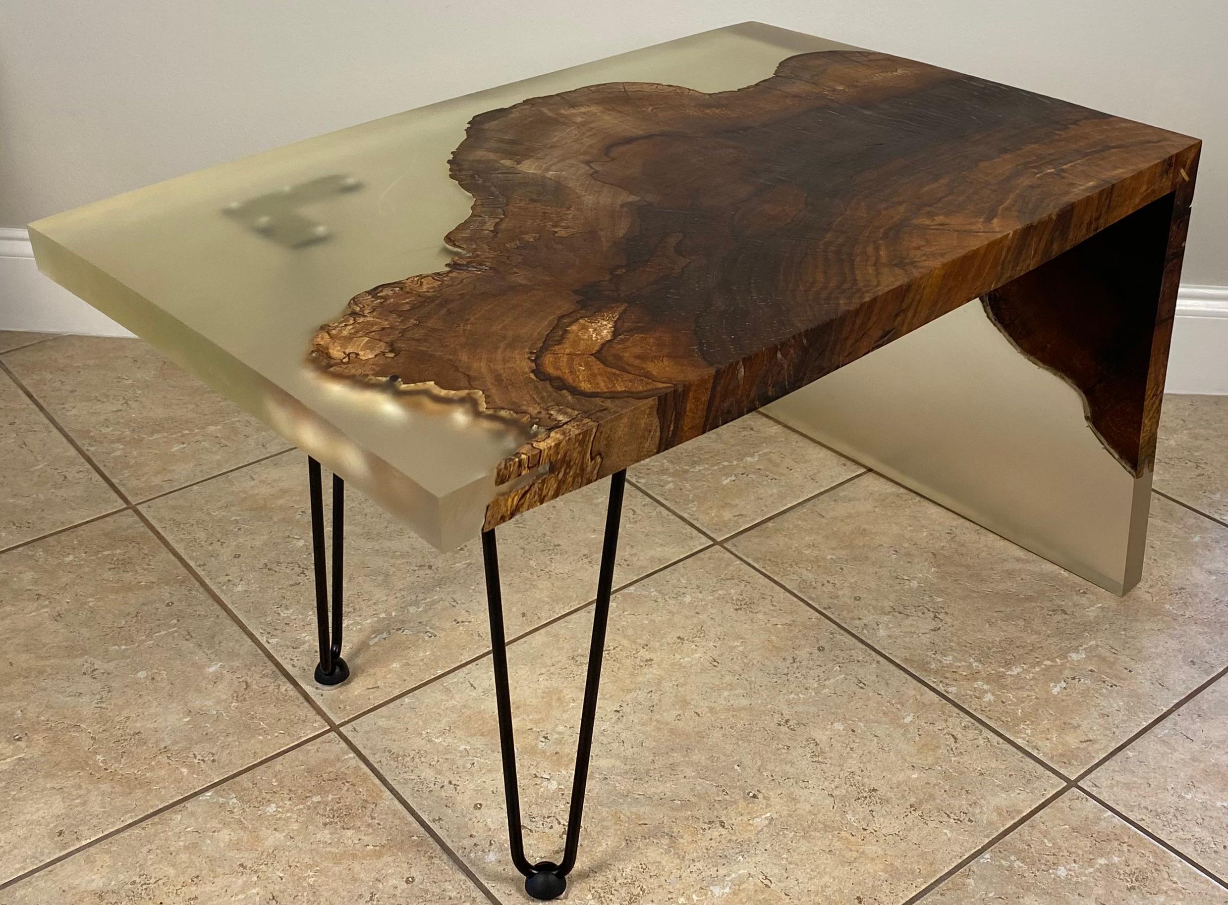 Hand-Crafted Wabi Sabi Style Wood and Resin Cantilevered Coffee Table or A Pair of End Tables