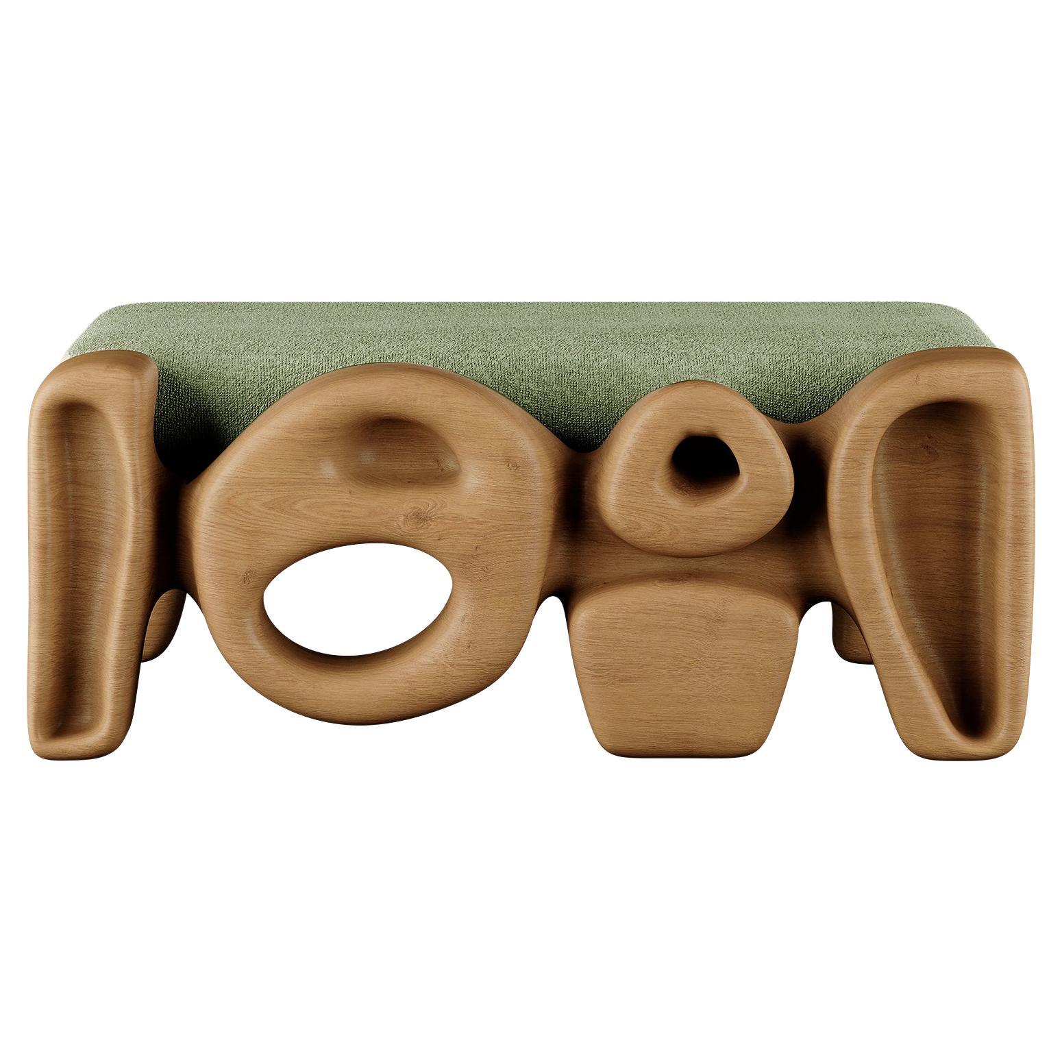 Modern Organic Wood Bench Green Bouclé Upholstered Seat Base Ash Wood For Sale