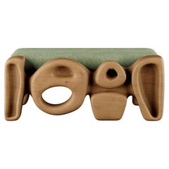 Modern Organic Wood Bench Green Bouclé Upholstered Seat Base Ash Wood