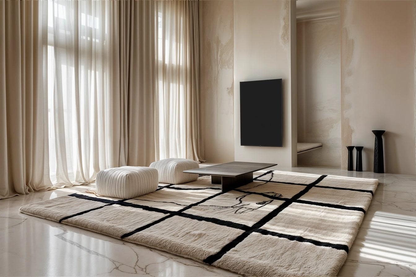 Modern Organic Beige & Black Wool Rug Rectangular Amorphous Horse Print 
Fene Rug is a black and white rug inspired by nature’s fearless power. Its dynamic patterns embody motion, grace, and raw energy.
This handmade modern rug is perfect for