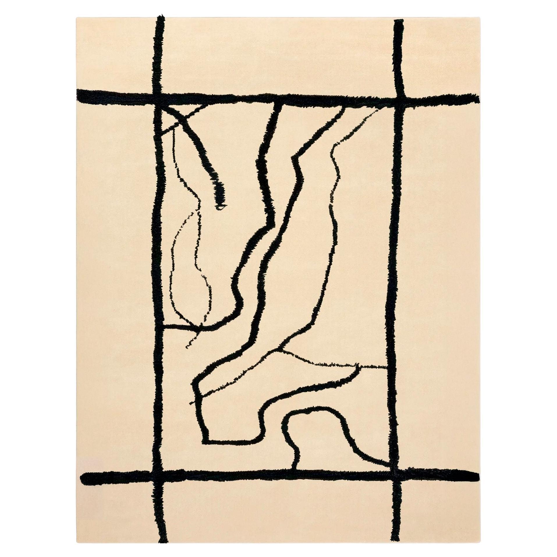 Alfombra moderna de lana orgánica rectangular beige y negra líneas abstractas mínimas