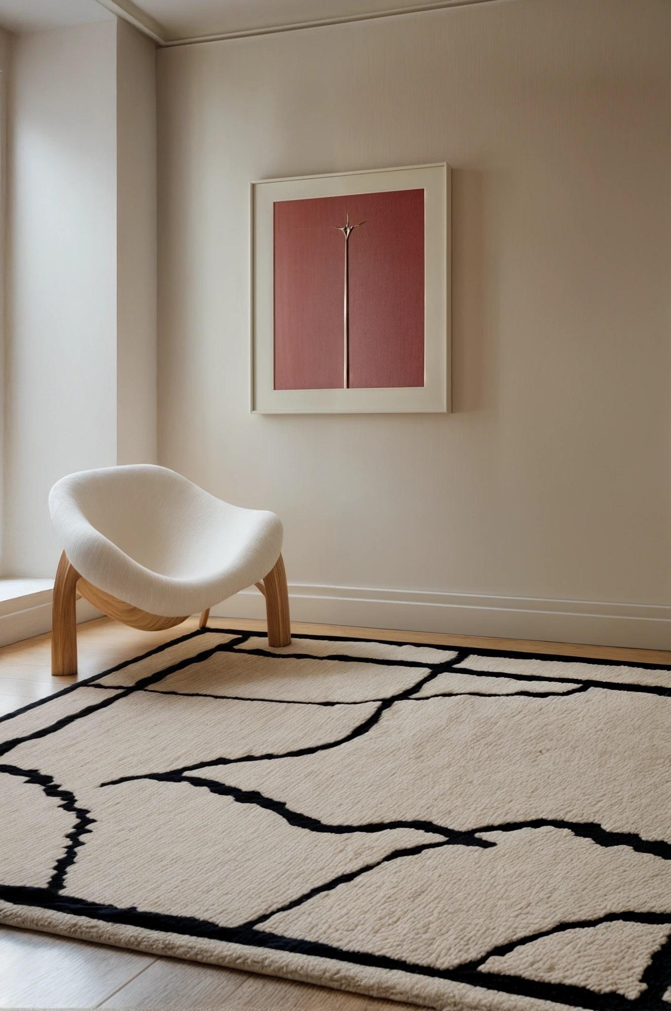 Alfombra Moderna de Lana Ecológica Rectangular Patrón Étnico de Líneas Beige y Negro Moderno orgánico en venta