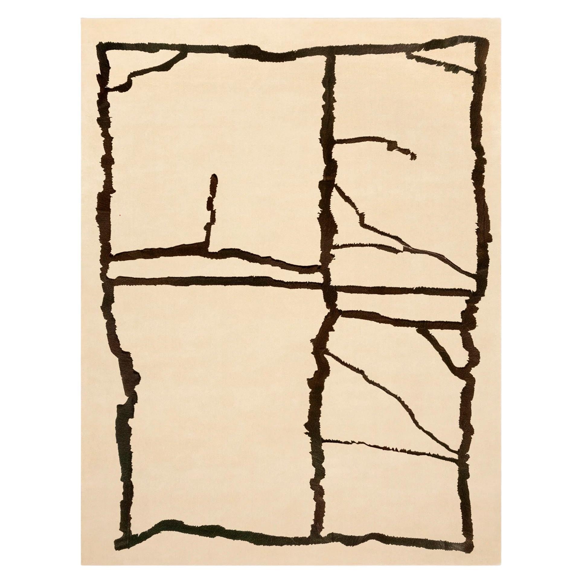 Modern Organic Wool Rug Rectangular Ethnic Beige & Black Lines Pattern
