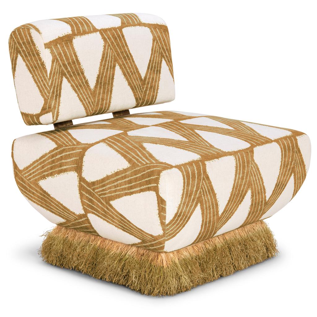 XXIe siècle et contemporain Chaise longue moderne en lin jaune organique, raphia et acier bronzé par Egg Designs en vente