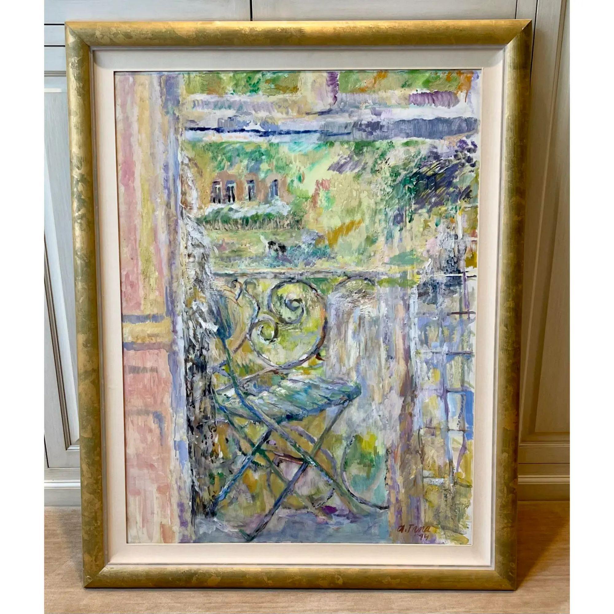 Peinture à l'huile expressionniste moderne et originale d'Andrea Tana. Il s'agit d'un exemple classique du travail de Tana, qui représente une scène d'intérieur et qui est magnifiquement encadré.

À propos de l'artiste

Andrea Tana est née et a