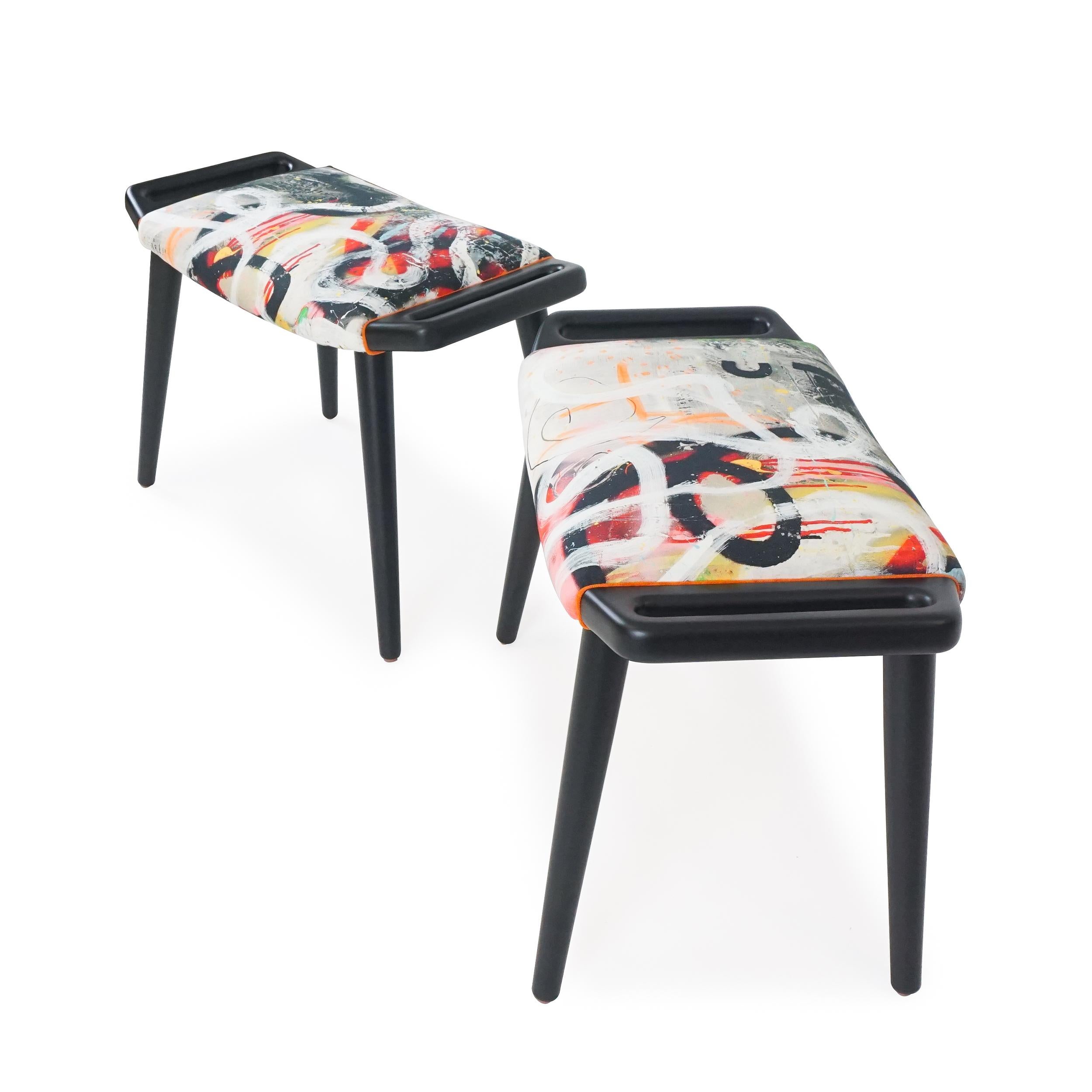 American Modern Ottoman with Matte Lacquer Finish and Graffiti Print, Customizable For Sale