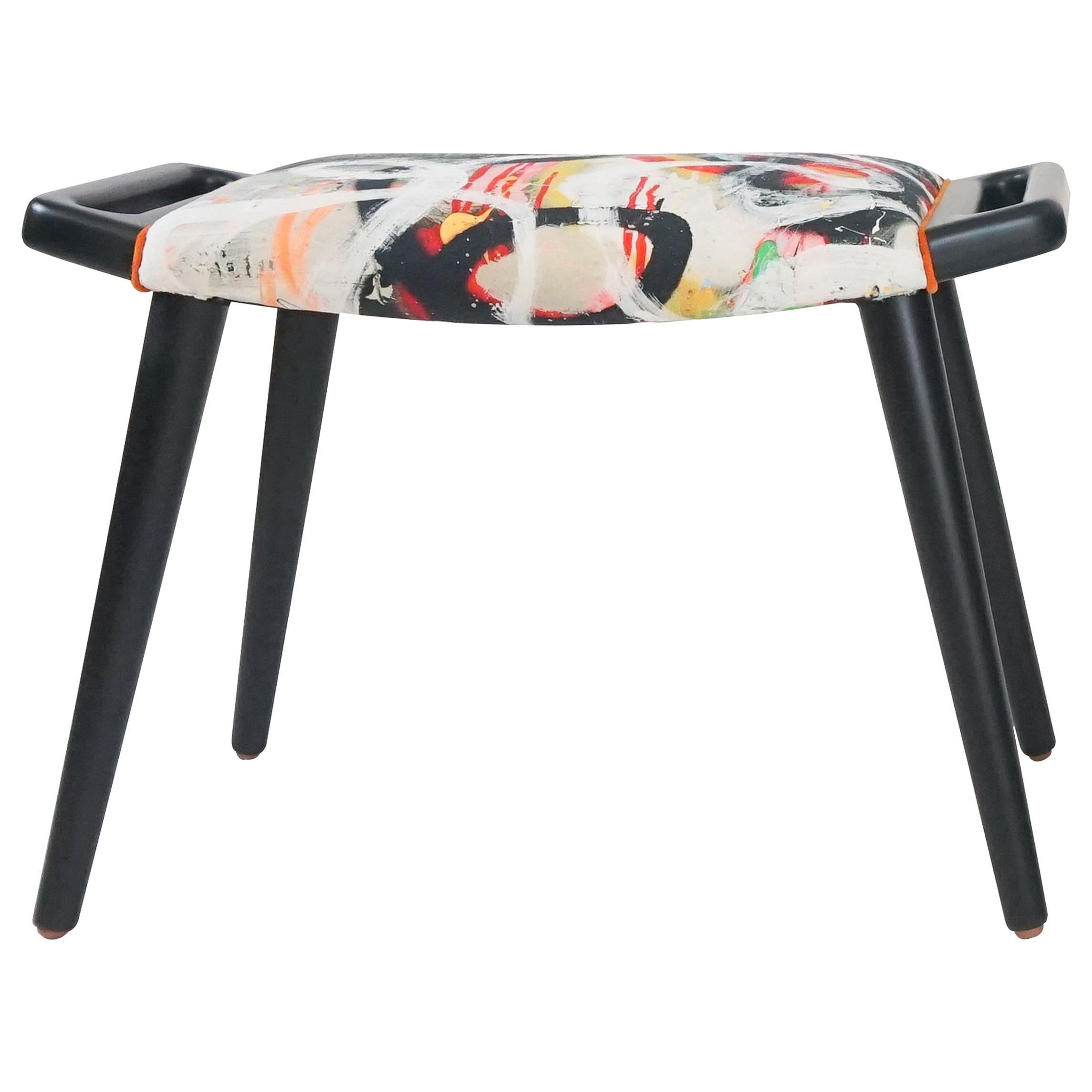 Modern Ottoman with Matte Lacquer Finish and Graffiti Print, Customizable For Sale