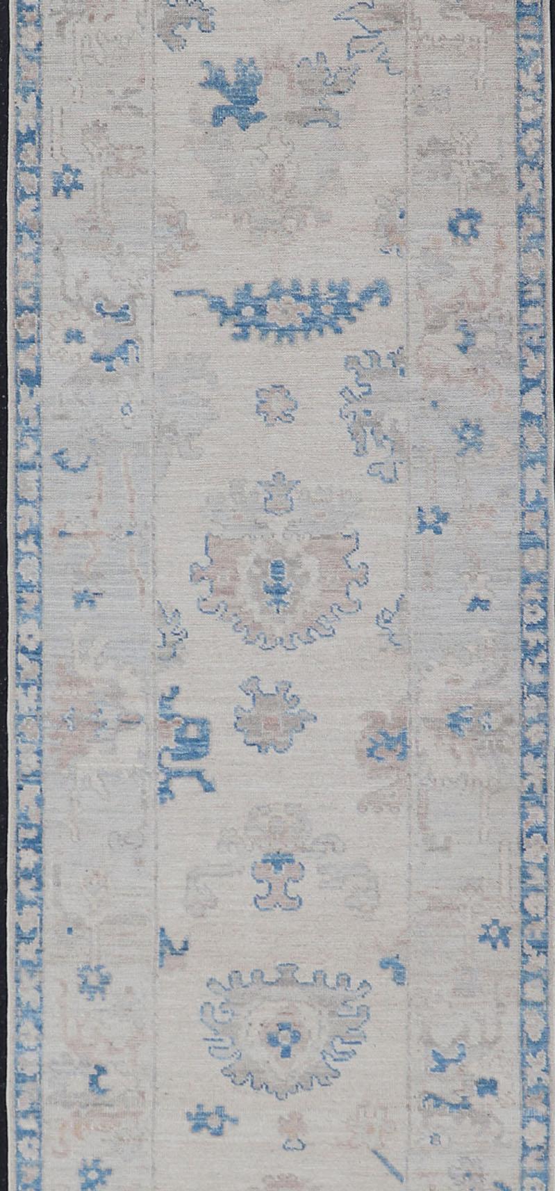 Afghan Modern Oushak All-Over Floral Design Runner In Cream, Tan, and Blue For Sale