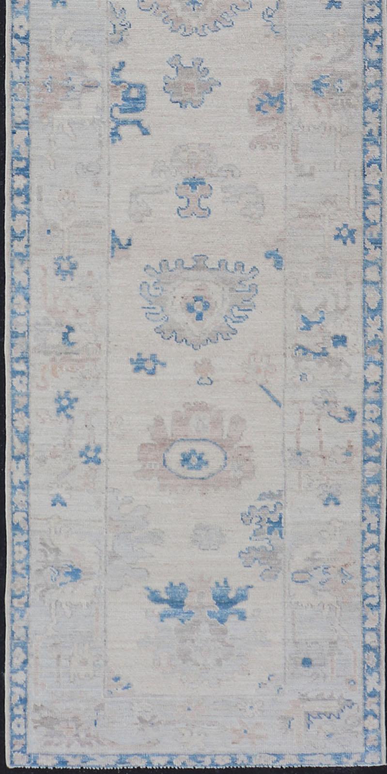 Hand-Knotted Modern Oushak All-Over Floral Design Runner In Cream, Tan, and Blue For Sale