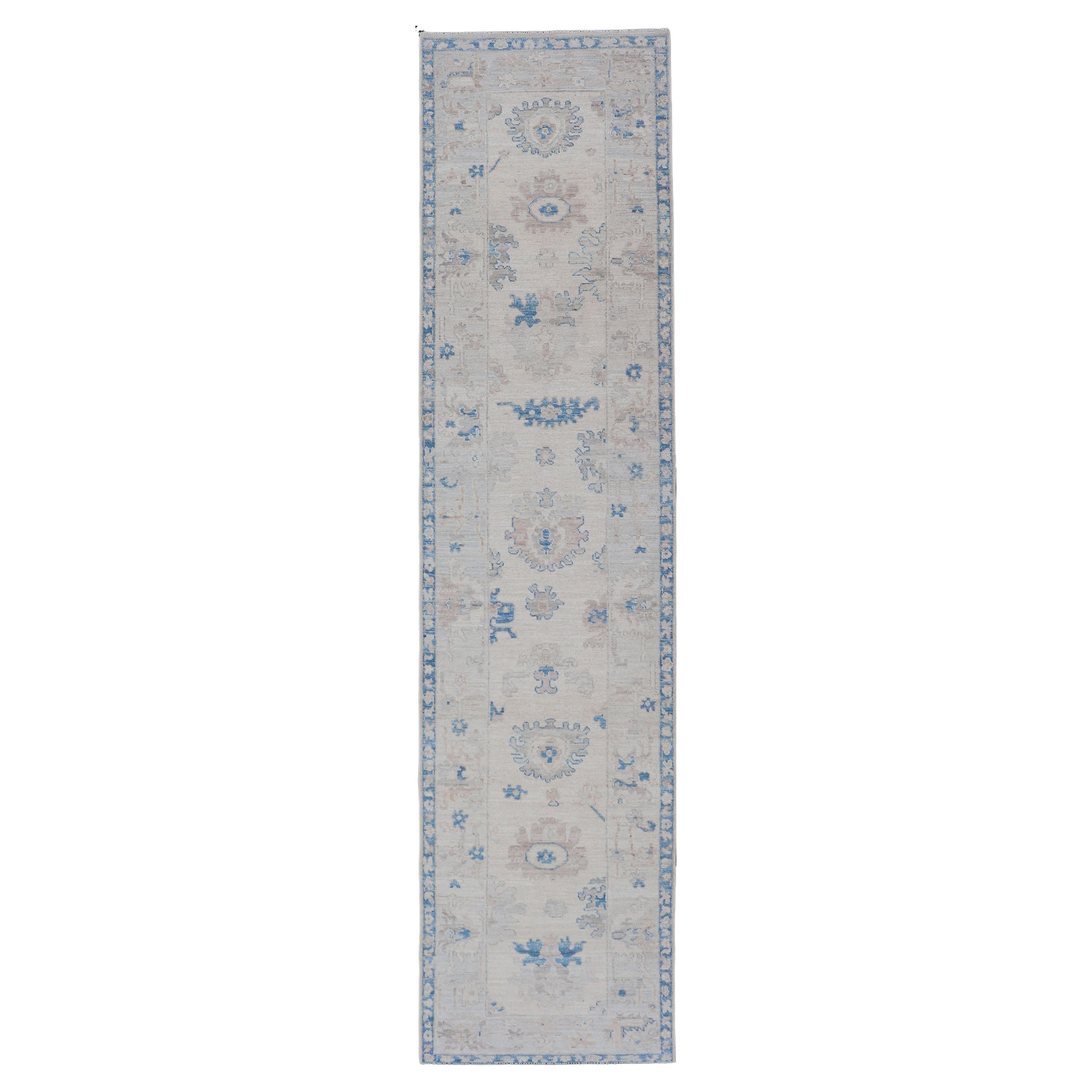Modern Oushak All-Over Floral Design Runner In Cream, Tan, and Blue For Sale
