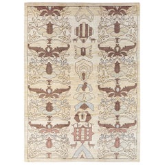 Tapis moderne en laine Oushak beige à motifs floraux et tribaux fait à la main