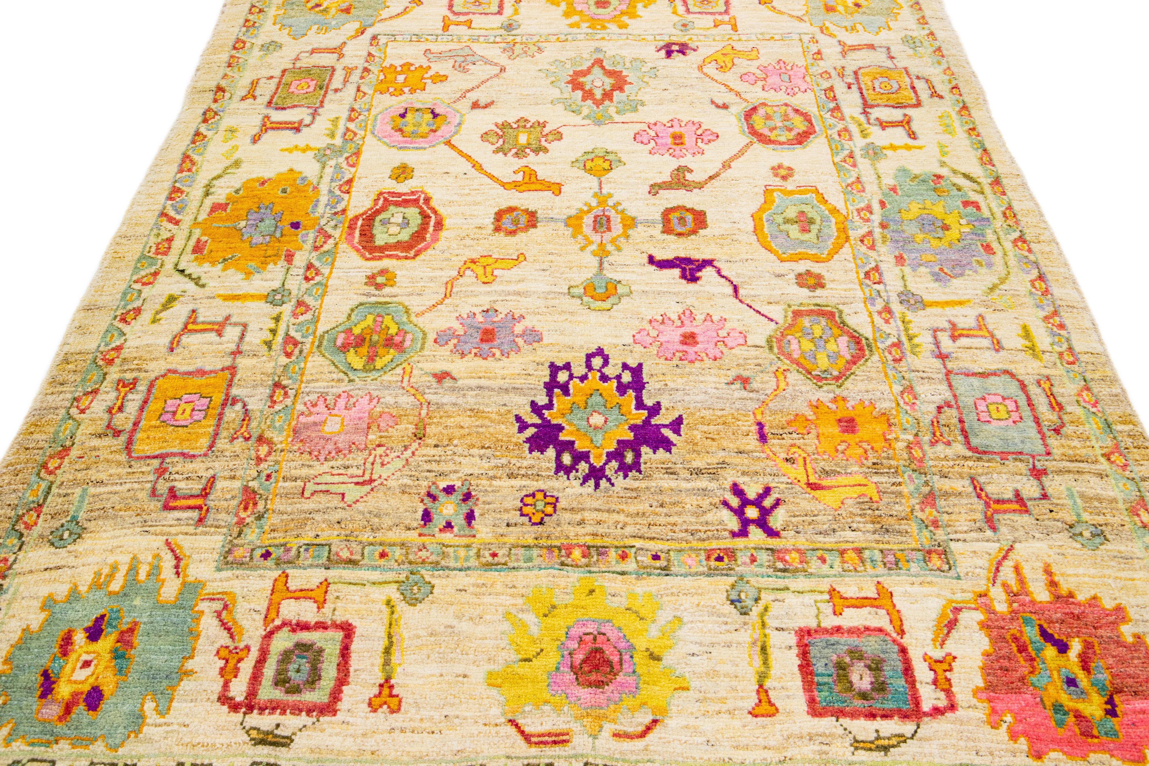 Pakistani Modern Oushak Beige Handmade Floral Wool Rug