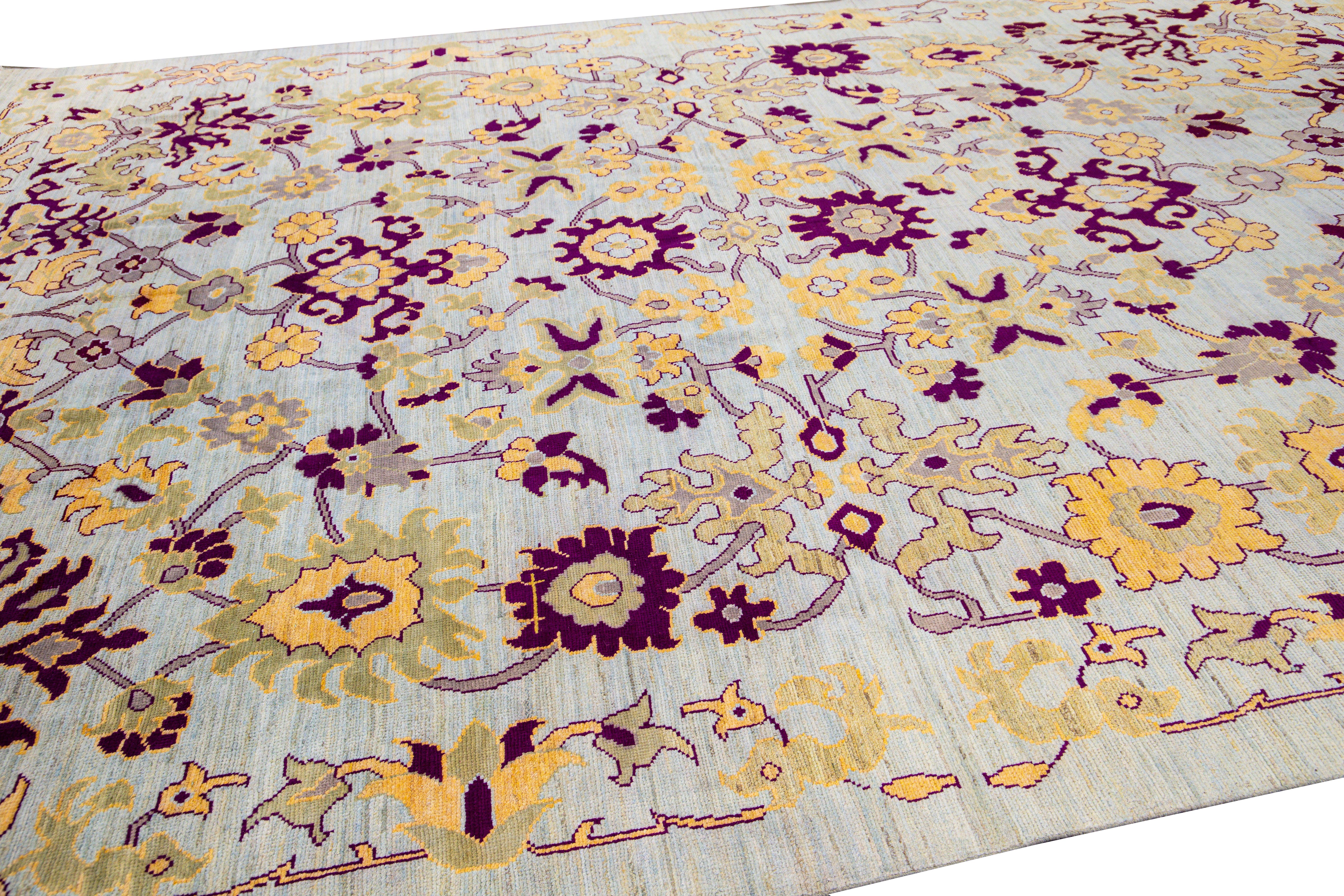 Modern Oushak Blue Handmade Floral Oversize Wool Rug In New Condition For Sale In Norwalk, CT