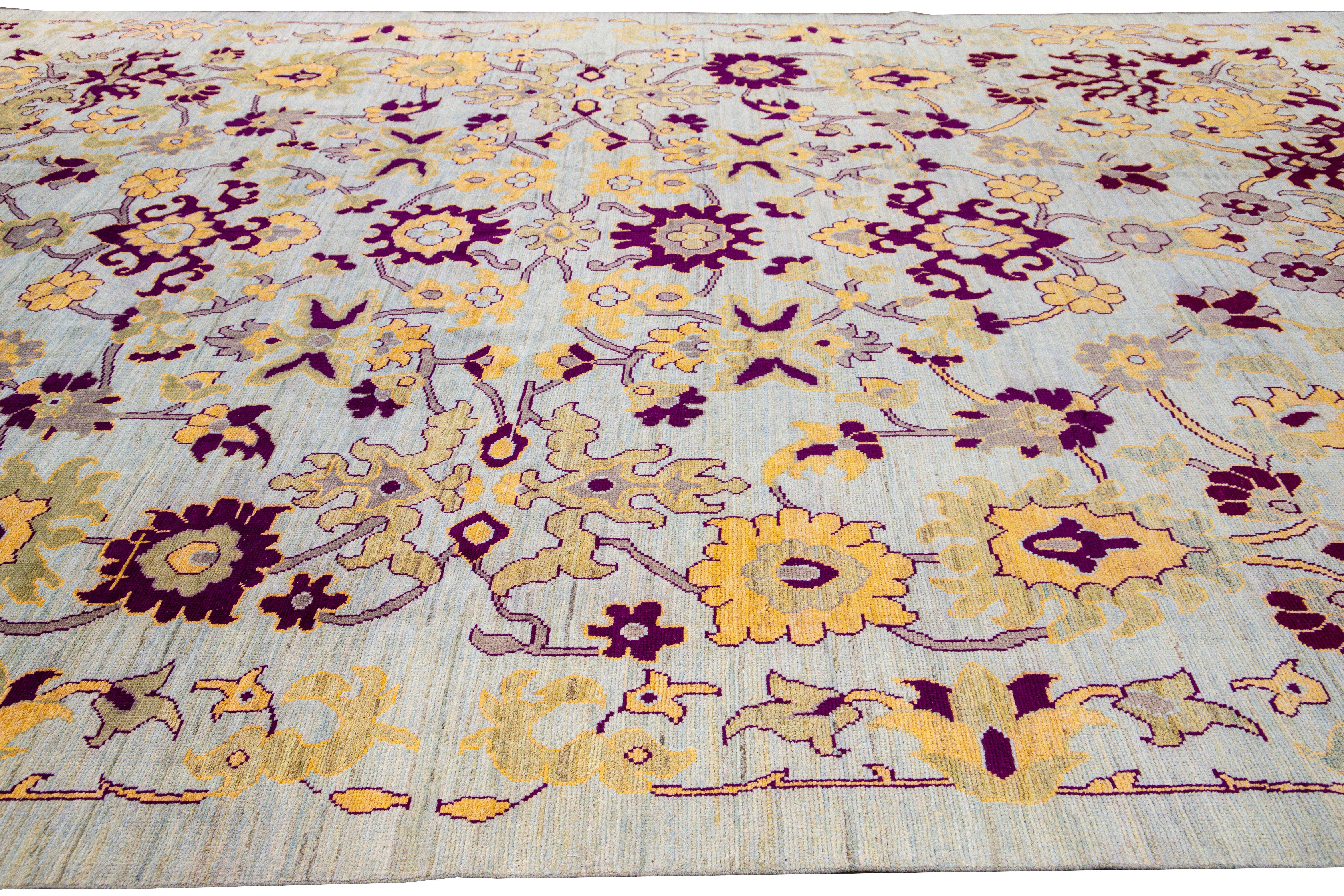 Contemporary Modern Oushak Blue Handmade Floral Oversize Wool Rug For Sale