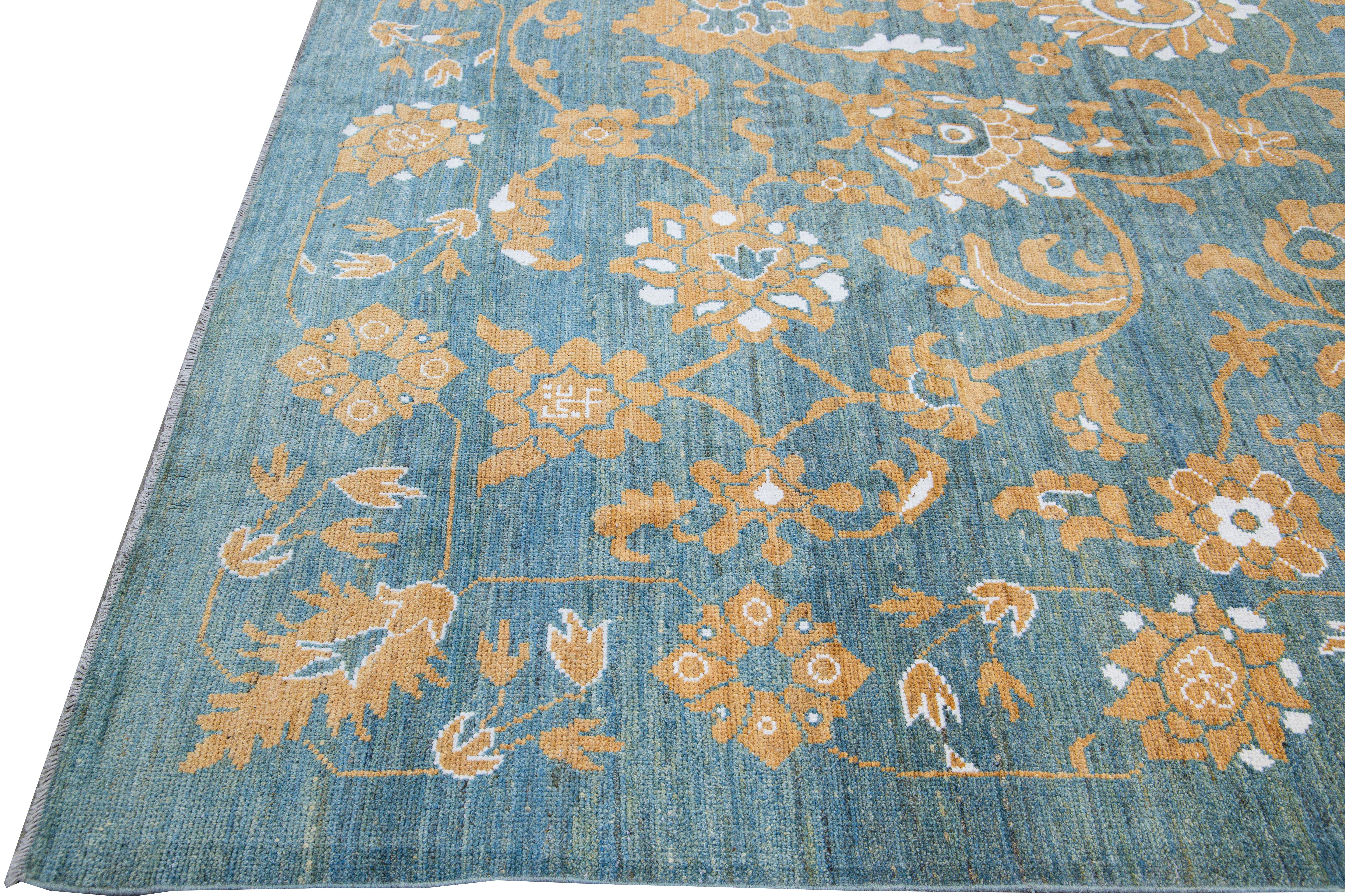 Hand-Knotted Modern Oushak Blue Handmade Tribal Floral Oversize Wool Rug For Sale
