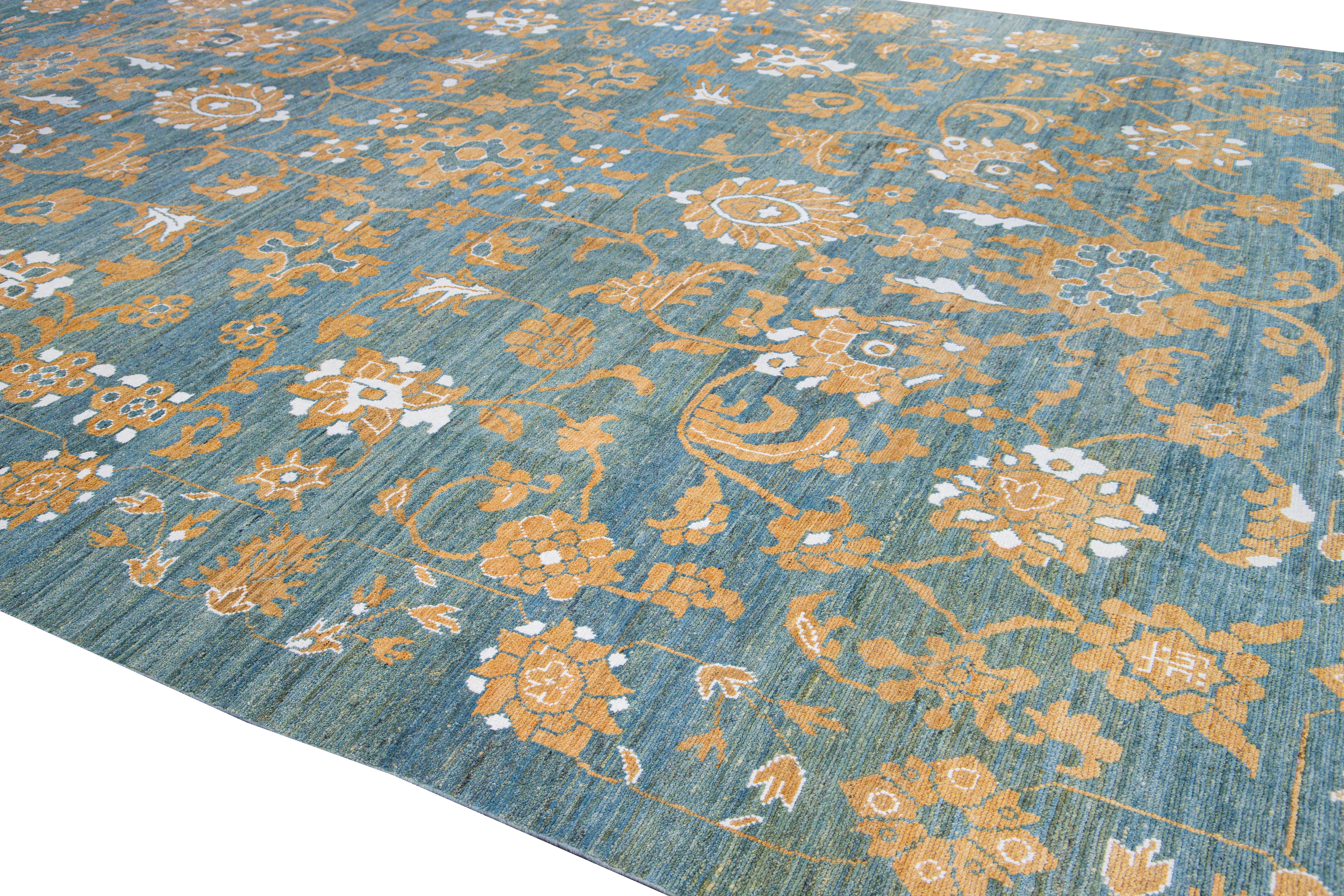 Modern Oushak Blue Handmade Tribal Floral Oversize Wool Rug In New Condition For Sale In Norwalk, CT