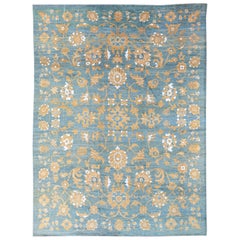Tapis moderne en laine bleu Oushak à motifs floraux tribaux, fait à la main, surdimensionné
