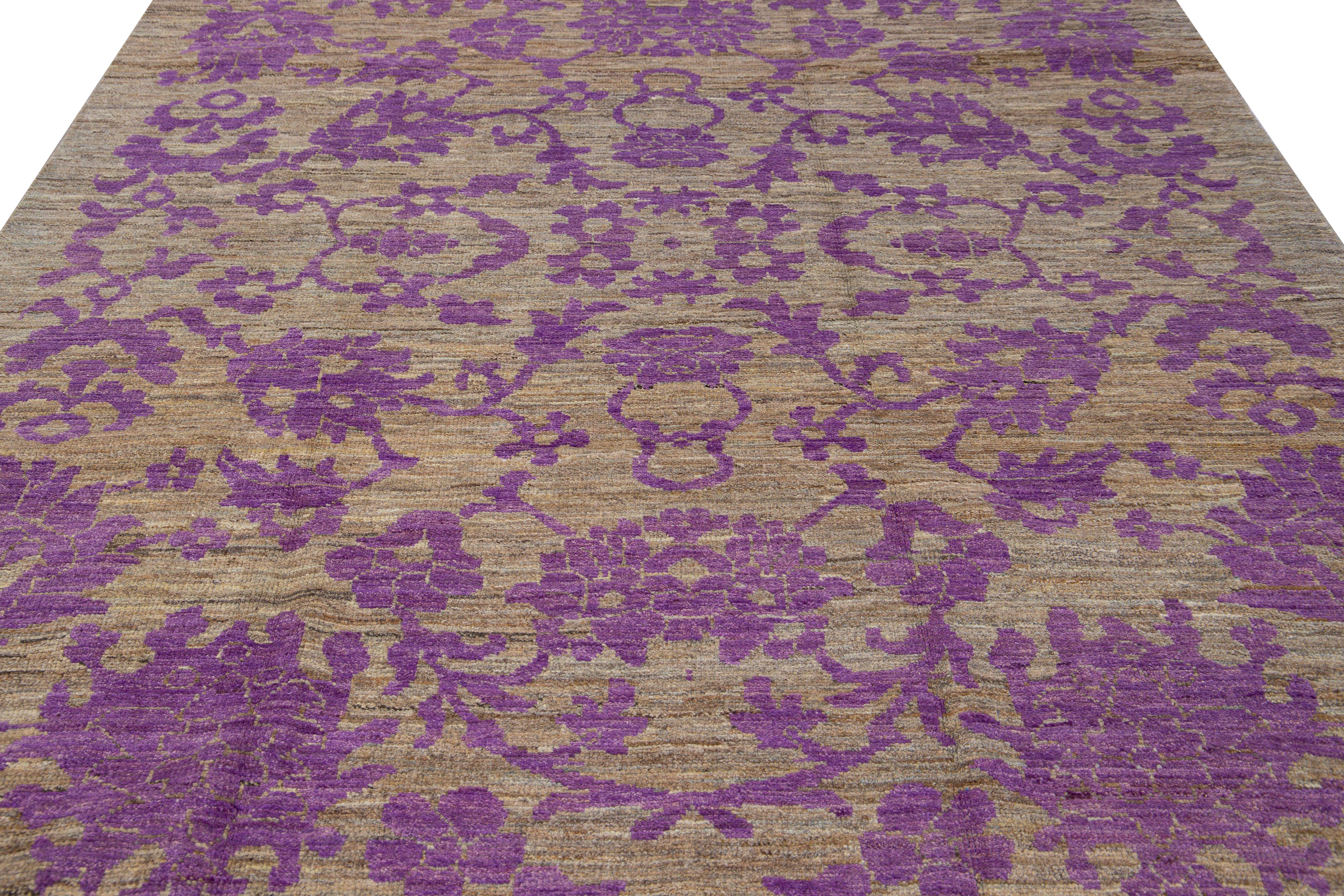 Turkish Modern Oushak Brown and Purple Handmade Floral Designed Wool Rug