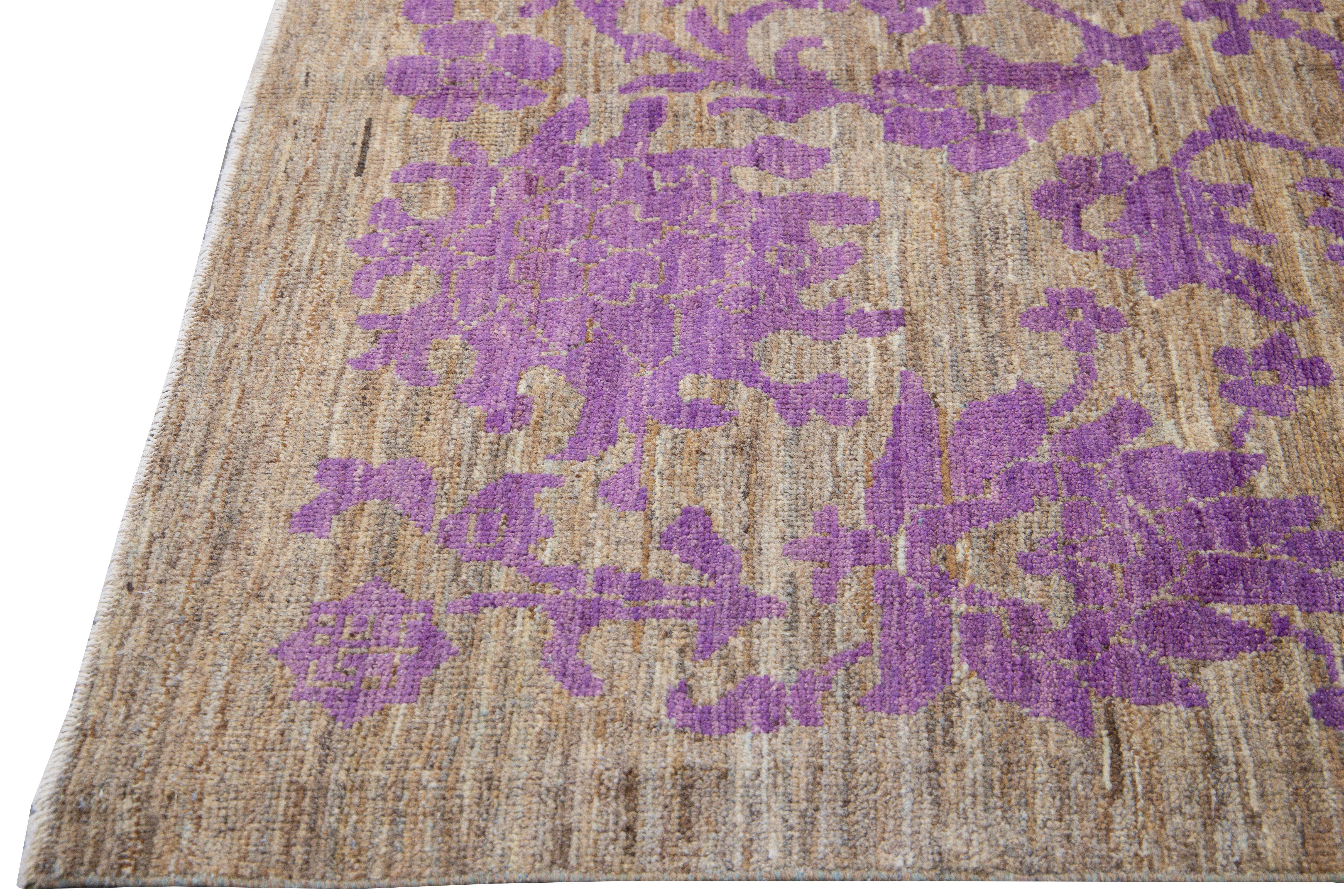 Hand-Knotted Modern Oushak Brown and Purple Handmade Floral Designed Wool Rug