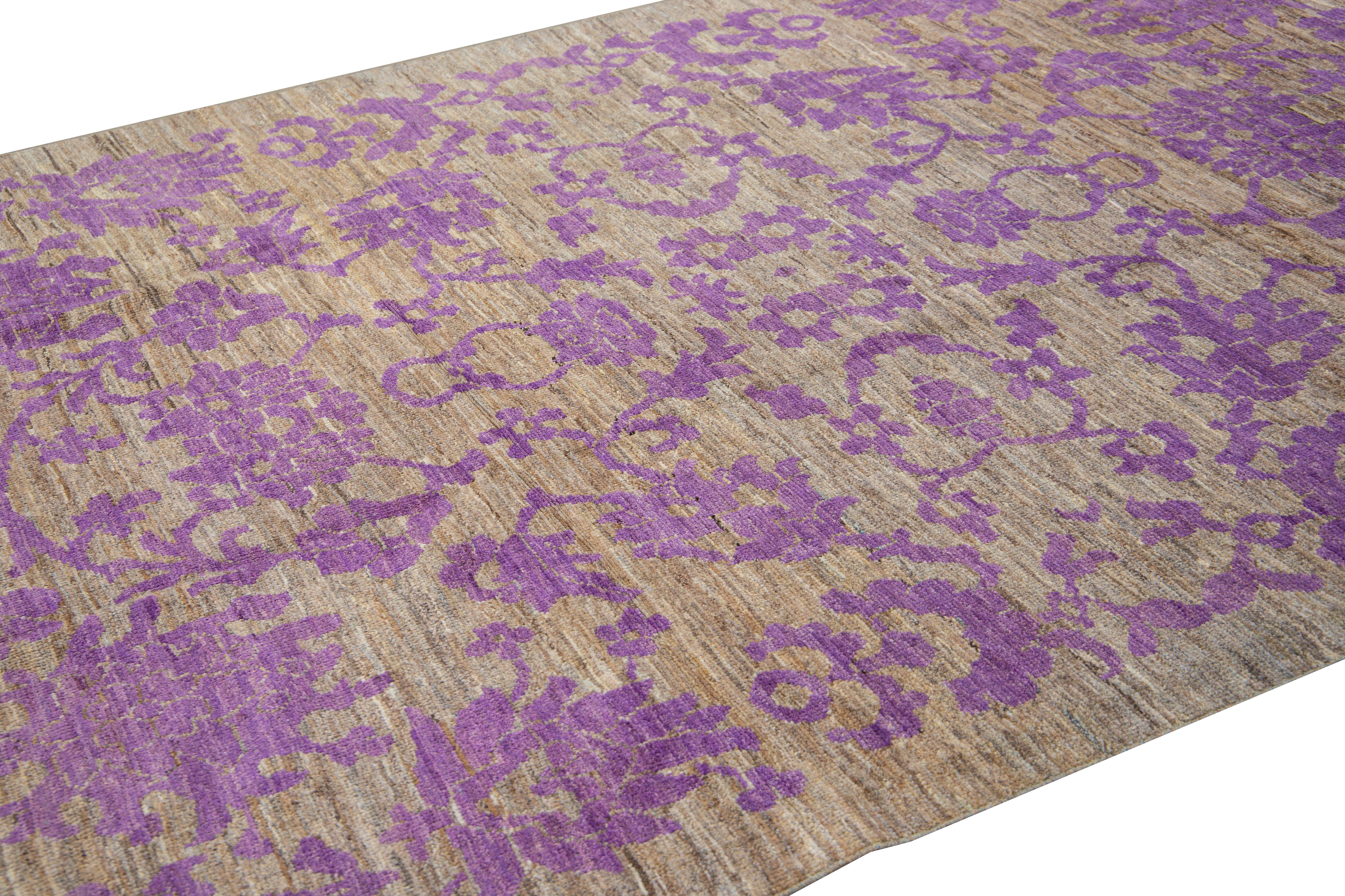 Modern Oushak Brown and Purple Handmade Floral Designed Wool Rug In New Condition In Norwalk, CT