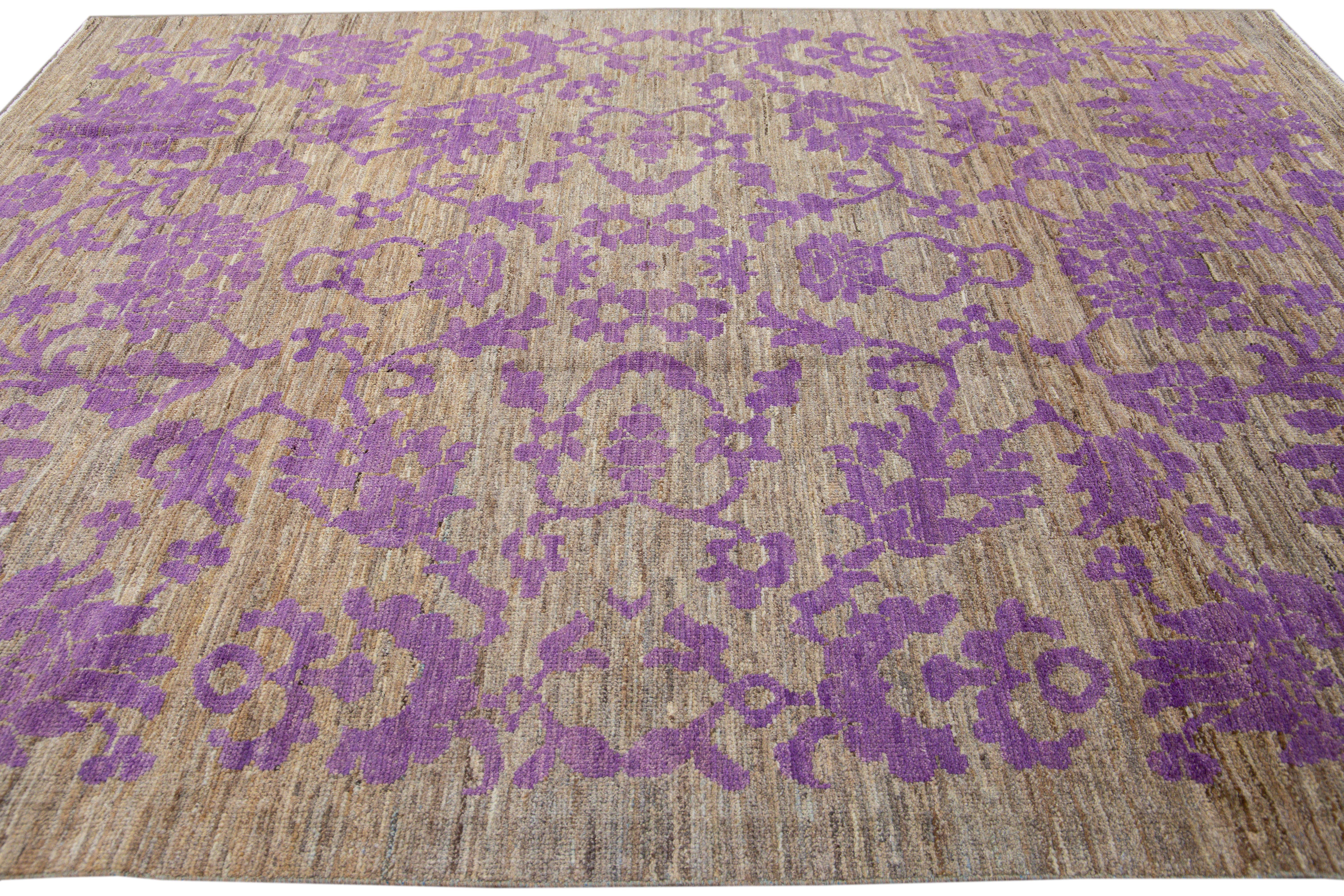 Contemporary Modern Oushak Brown and Purple Handmade Floral Designed Wool Rug