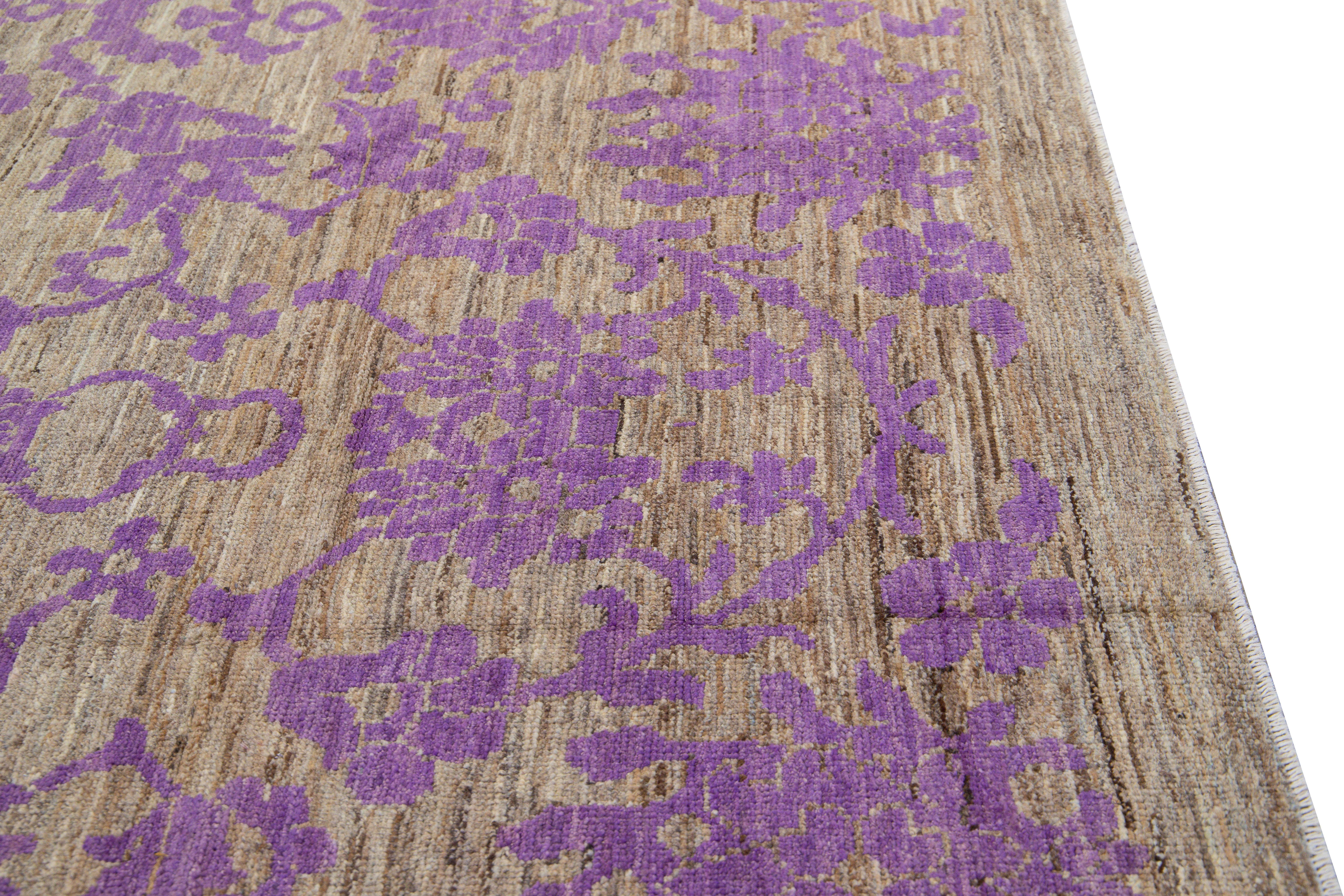 Modern Oushak Brown and Purple Handmade Floral Designed Wool Rug 1