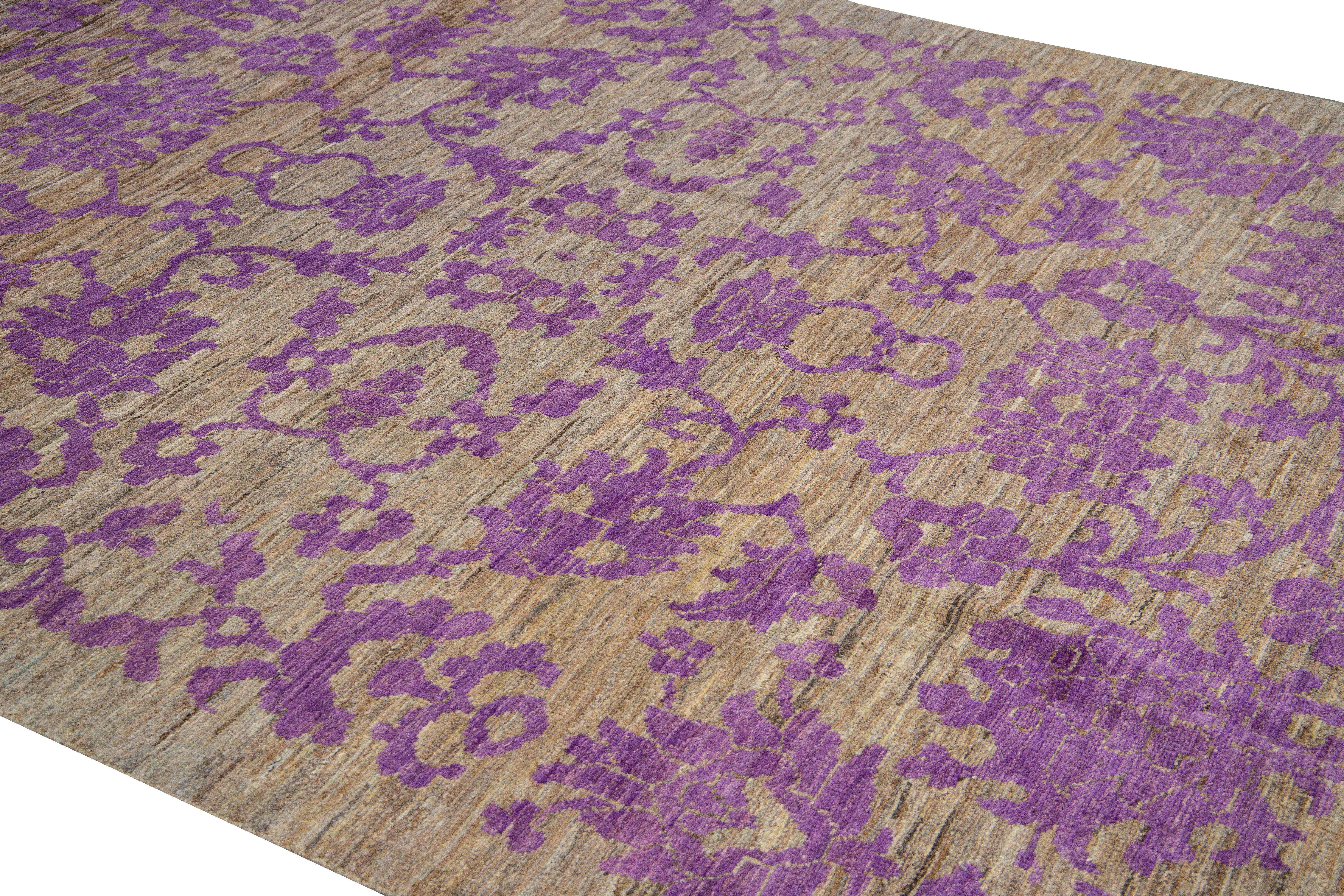 Modern Oushak Brown and Purple Handmade Floral Designed Wool Rug 2