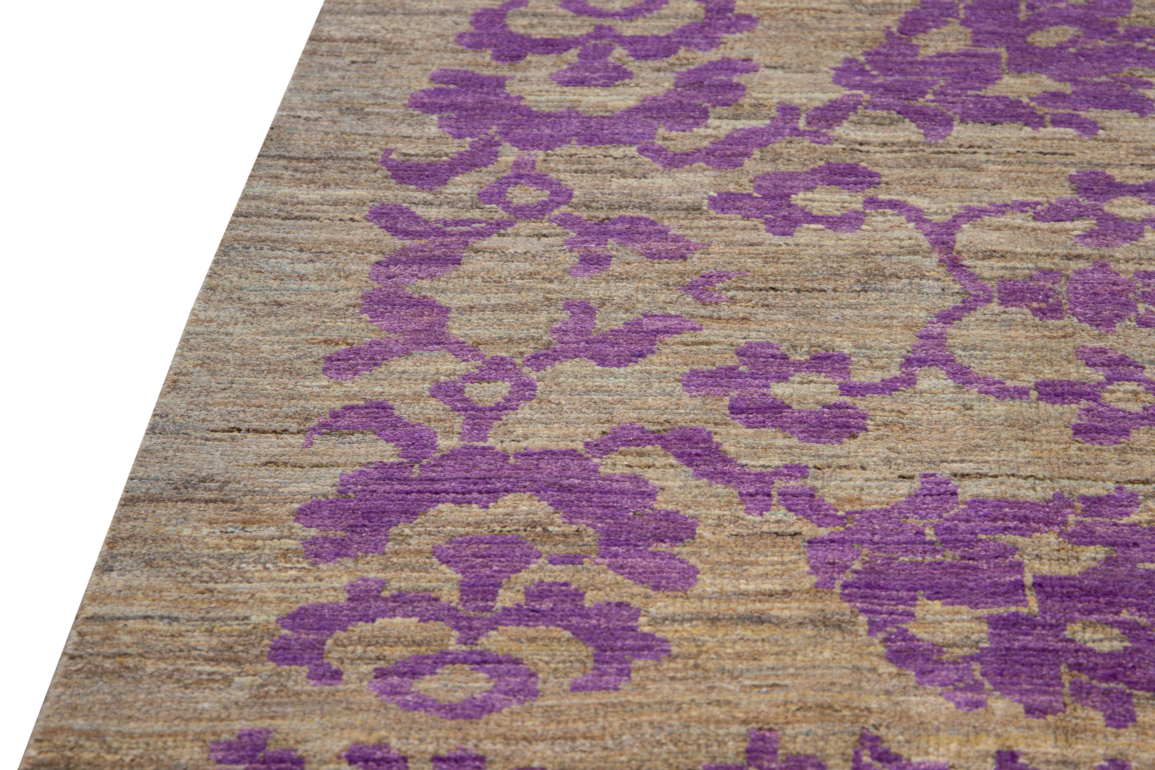 Modern Oushak Brown and Purple Handmade Floral Designed Wool Rug 3