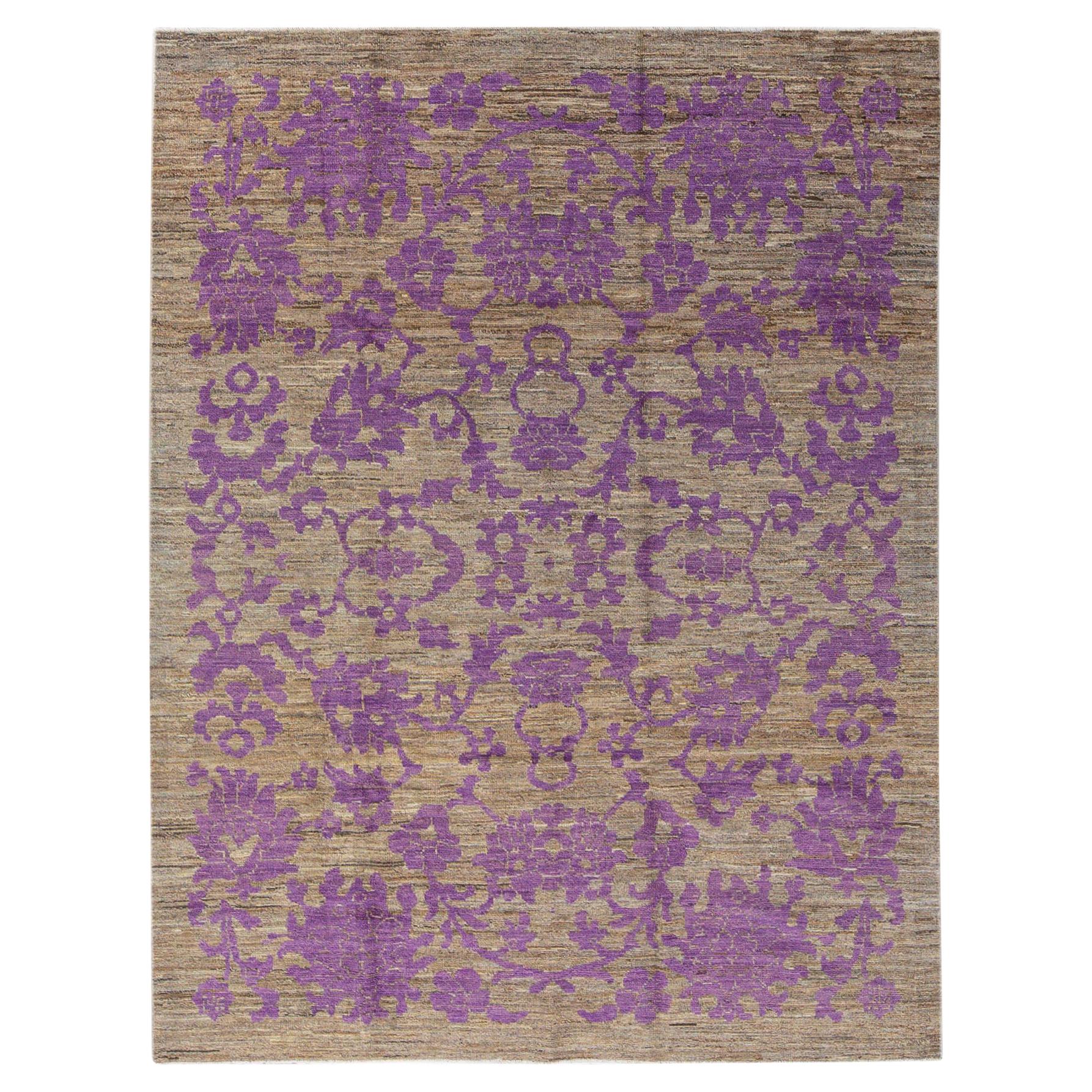 Modern Oushak Brown and Purple Handmade Floral Designed Wool Rug