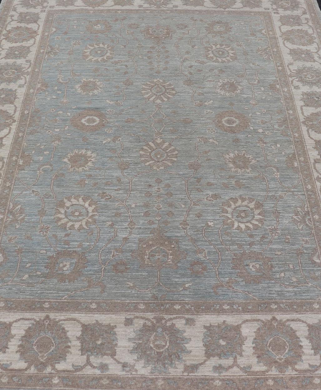 Modern Oushak by Keivan Woven Arts With Floral Design on Green-Blue Field For Sale 4