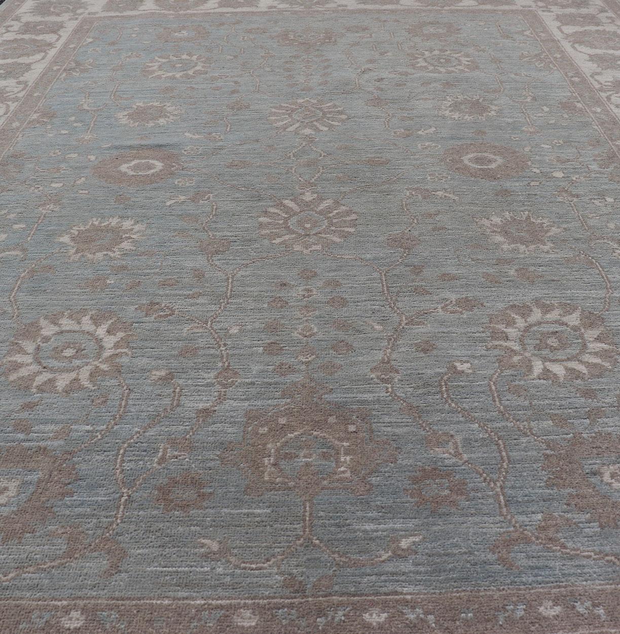 Modern Oushak by Keivan Woven Arts With Floral Design on Green-Blue Field For Sale 5
