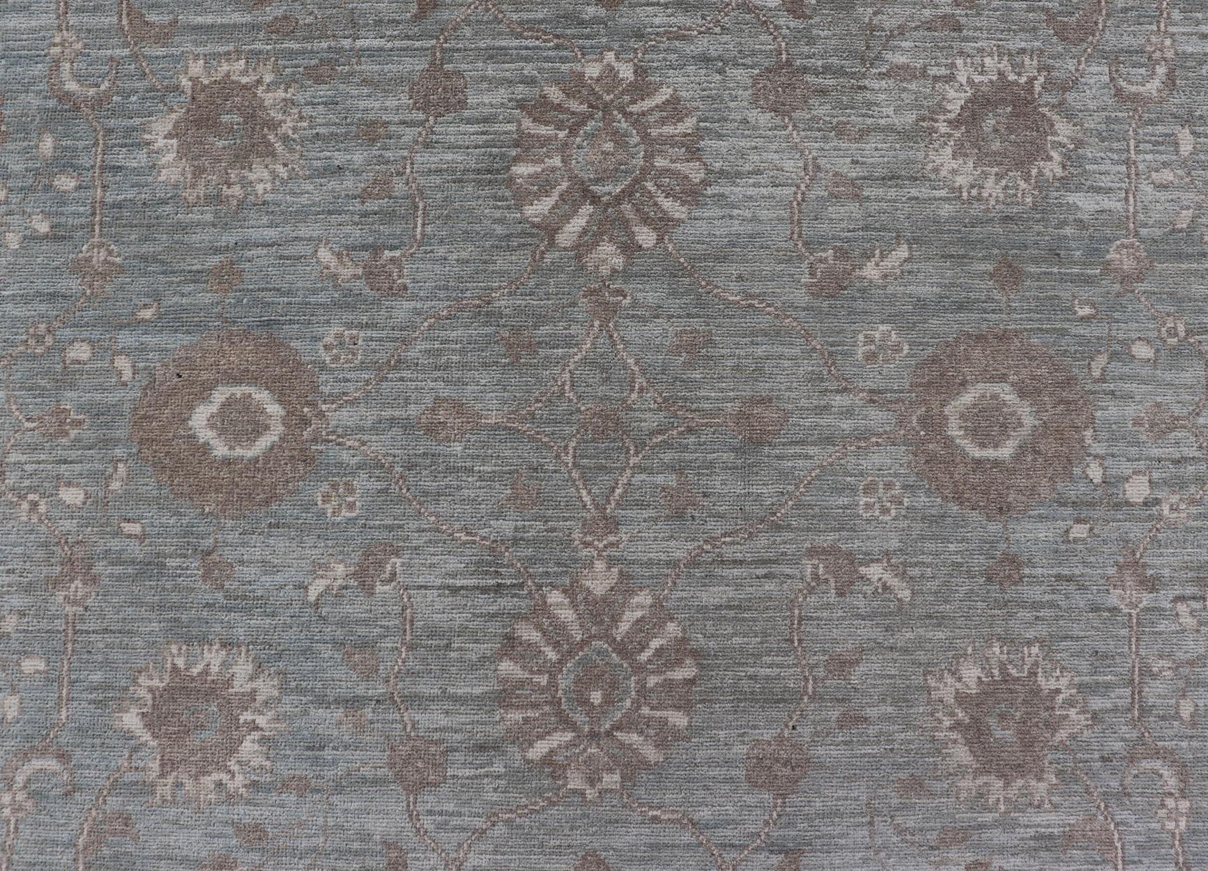 Measures: 5'9 x 7'9 
Modern Oushak by Keivan Woven Arts With Floral Design on Green-Blue Field . Keivan Woven Arts/ rug /AFG-39464, Country of Origin: Afghanistan Type: Oushak Design: Floral, All-Over, Arabesque-Floral 21st century. 

Modern