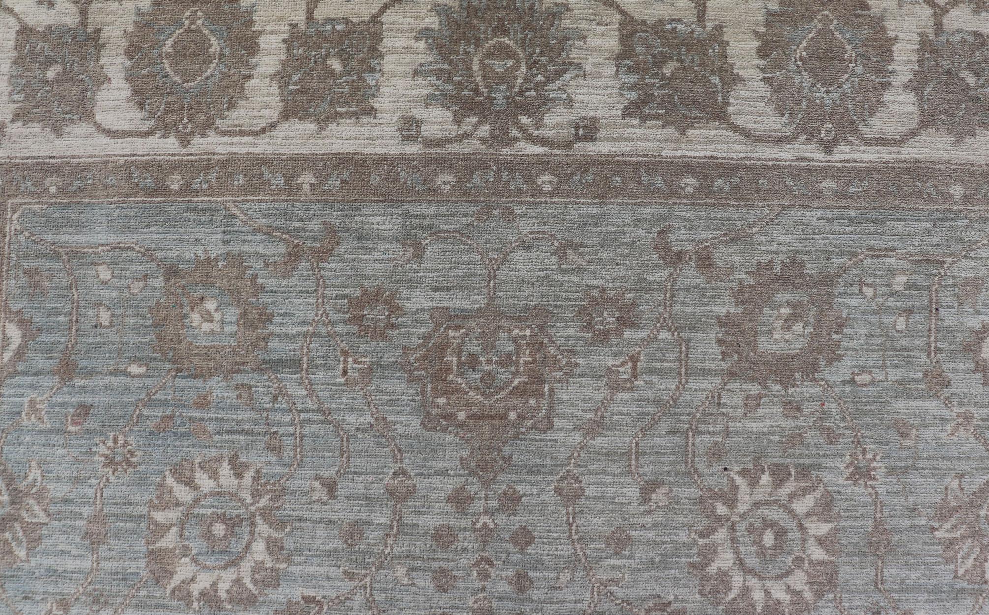 Afghan Modern Oushak by Keivan Woven Arts With Floral Design on Green-Blue Field For Sale
