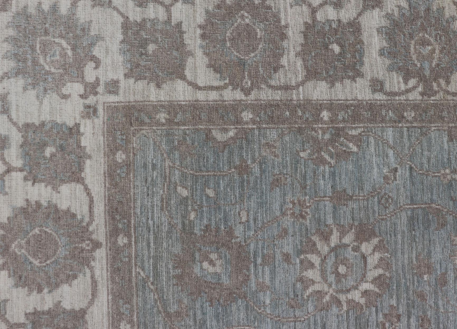 Hand-Knotted Modern Oushak by Keivan Woven Arts With Floral Design on Green-Blue Field For Sale