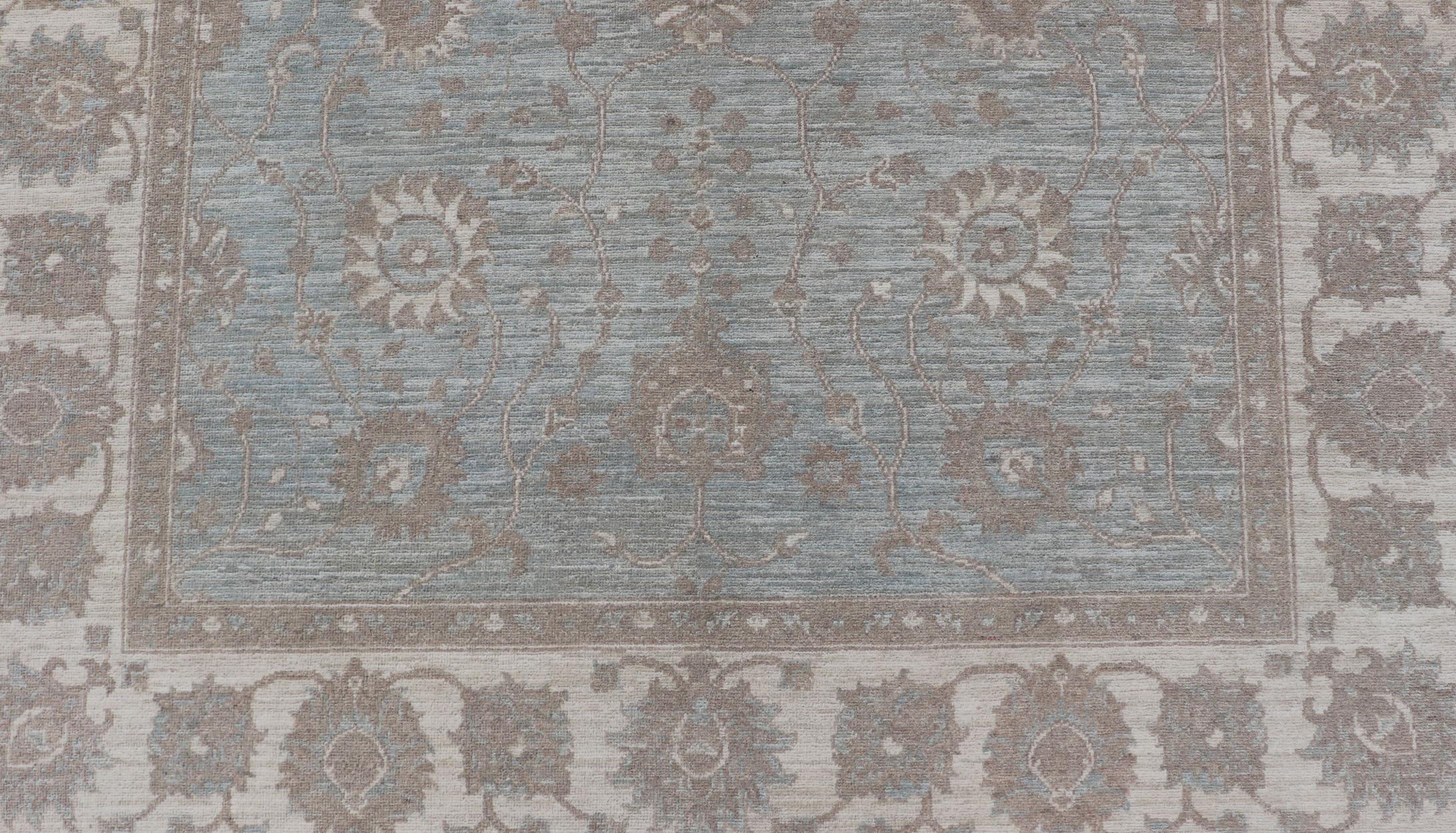 Modern Oushak by Keivan Woven Arts With Floral Design on Green-Blue Field In Excellent Condition For Sale In Atlanta, GA