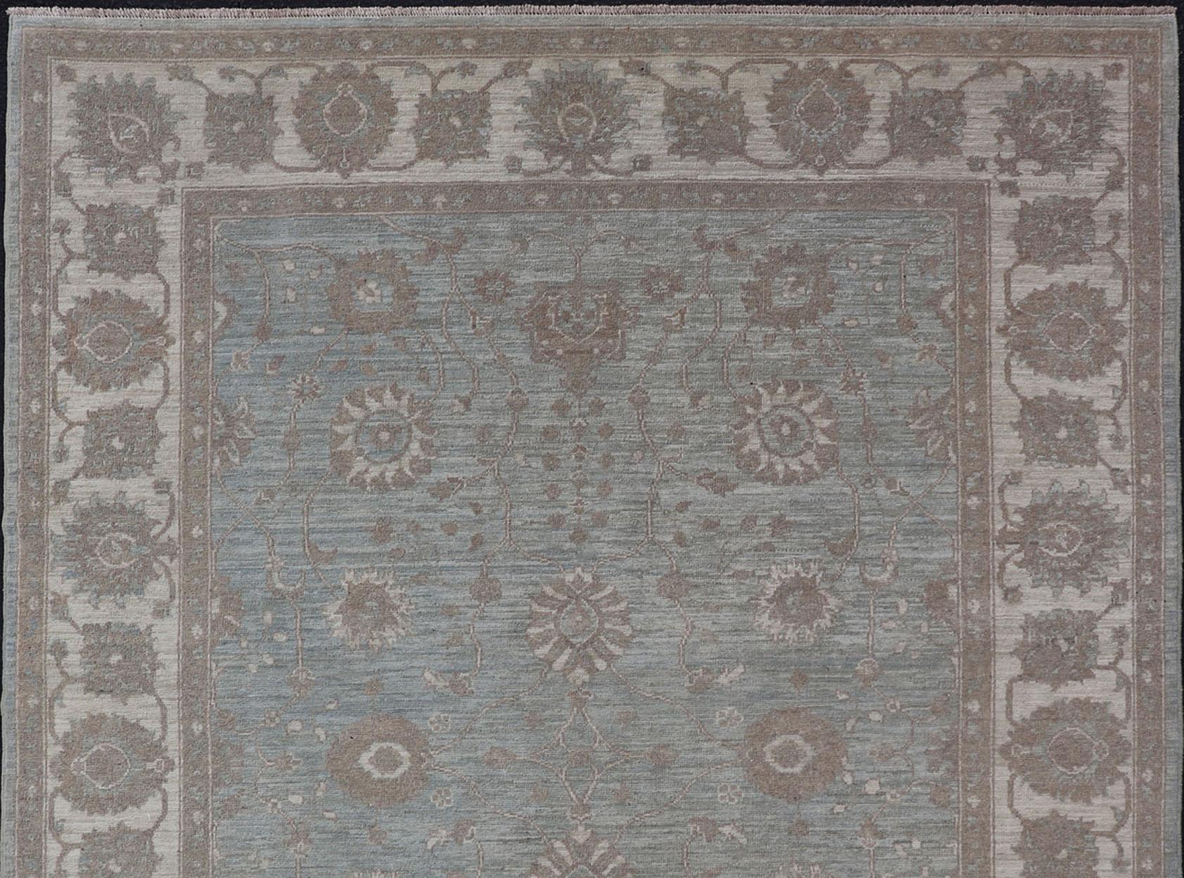 Contemporary Modern Oushak by Keivan Woven Arts With Floral Design on Green-Blue Field For Sale