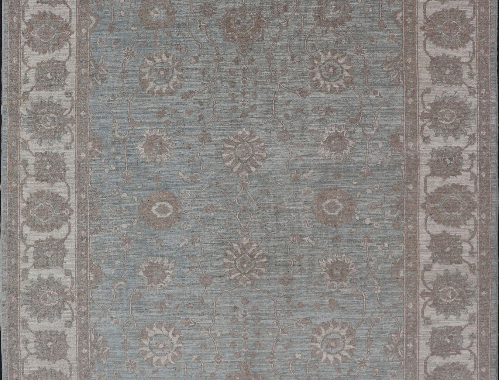 Wool Modern Oushak by Keivan Woven Arts With Floral Design on Green-Blue Field For Sale