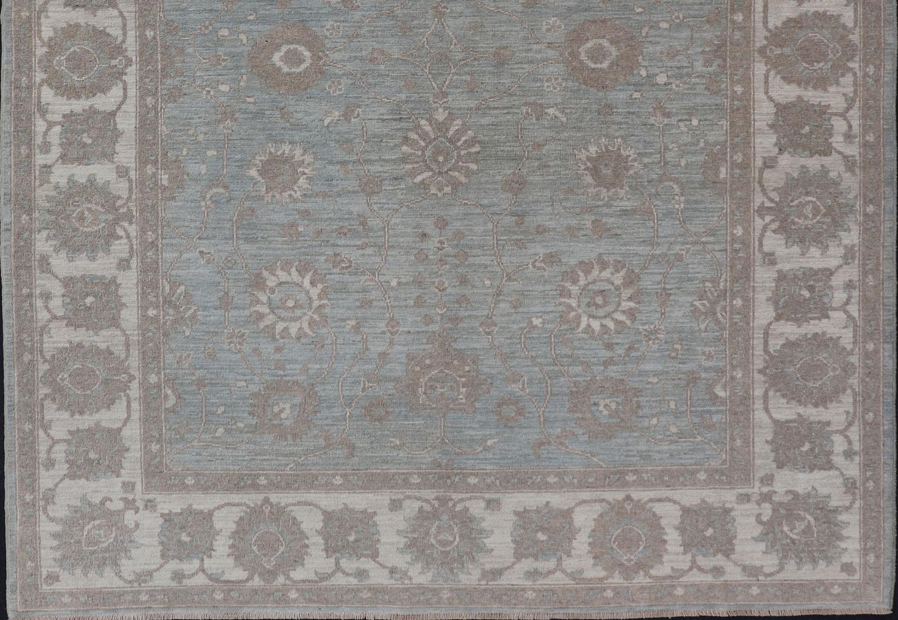 Modern Oushak by Keivan Woven Arts With Floral Design on Green-Blue Field For Sale 1