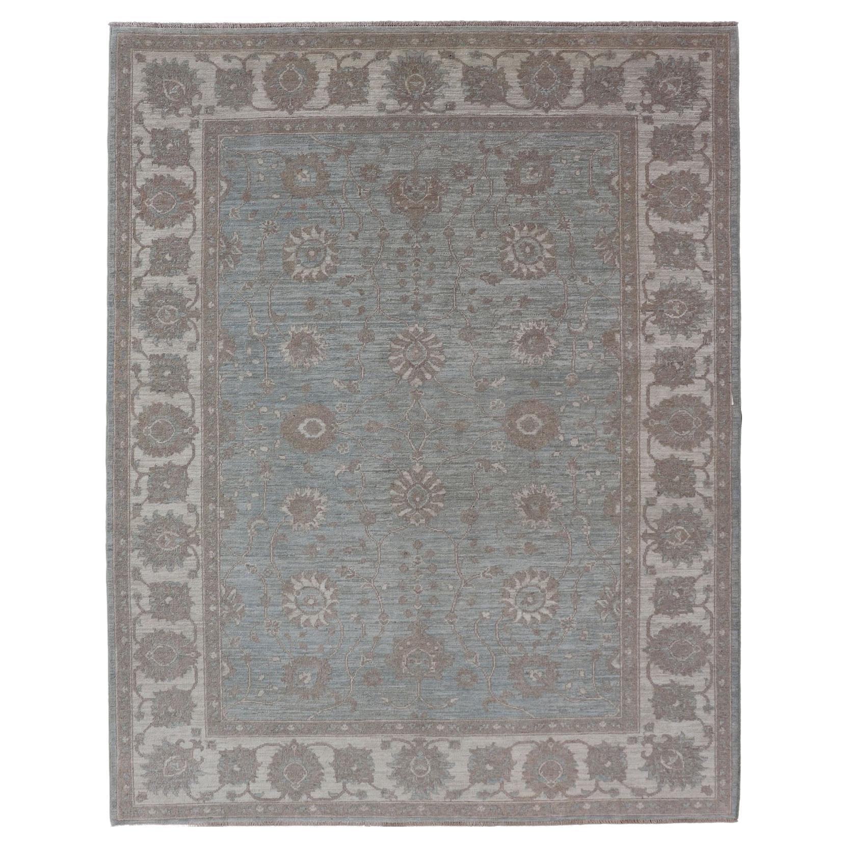 Modern Oushak by Keivan Woven Arts With Floral Design on Green-Blue Field For Sale