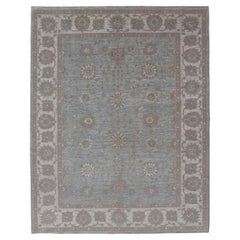 Modern Oushak by Keivan Woven Arts With Floral Design on Green-Blue Field 