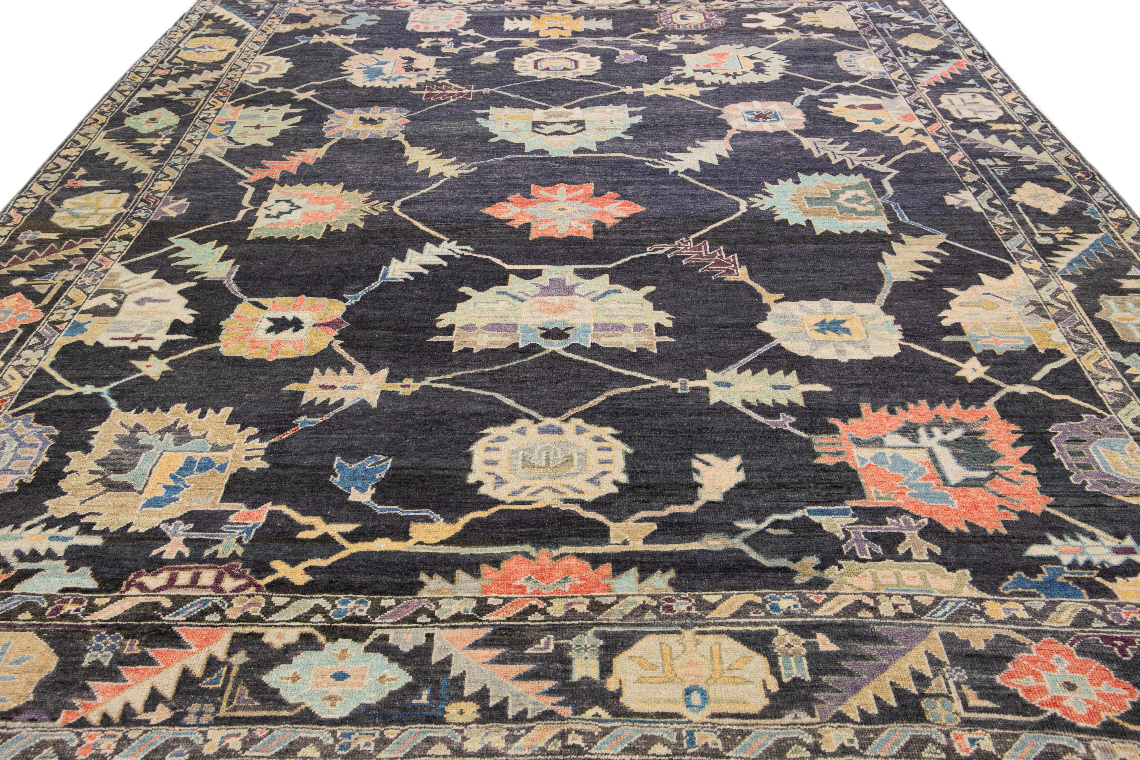 Hand-Knotted Modern Oushak Charcoal Handmade Turkish Wool Rug with Multicolor Floral Design For Sale
