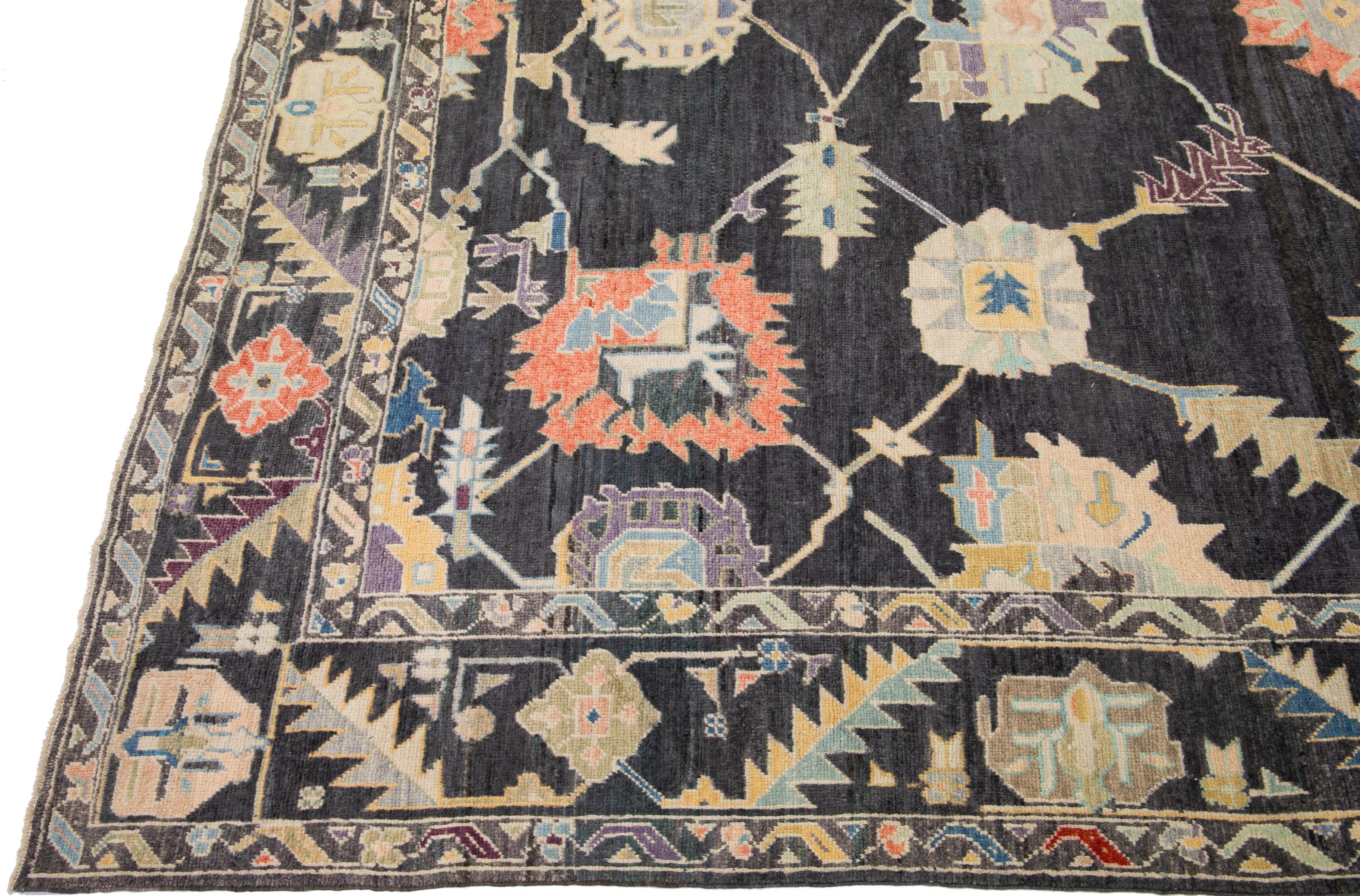 Modern Oushak Charcoal Handmade Turkish Wool Rug with Multicolor Floral Design In New Condition For Sale In Norwalk, CT