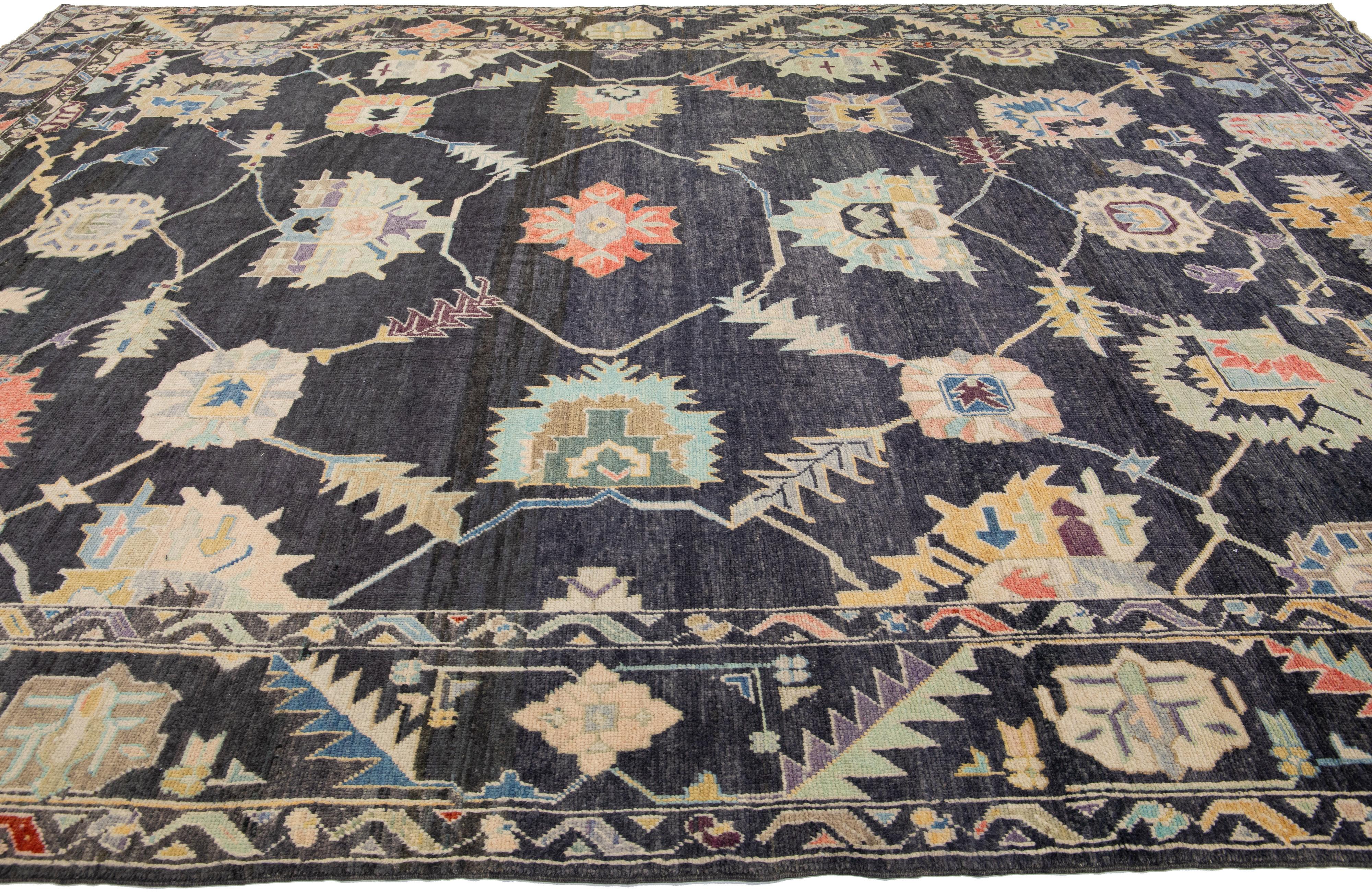 Contemporary Modern Oushak Charcoal Handmade Turkish Wool Rug with Multicolor Floral Design For Sale