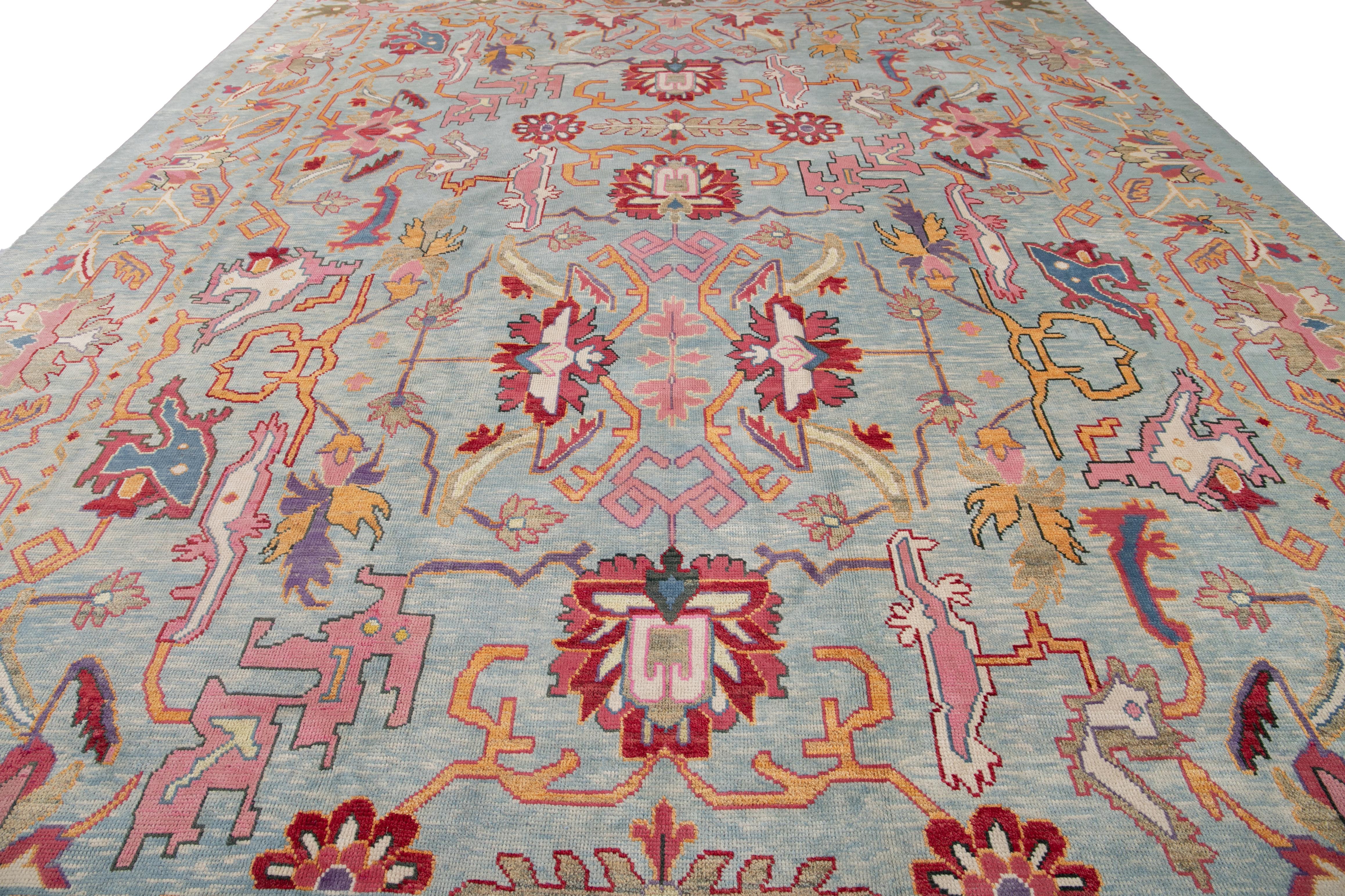 Turkish Modern Oushak Colorful Botanical Handmade Wool Rug