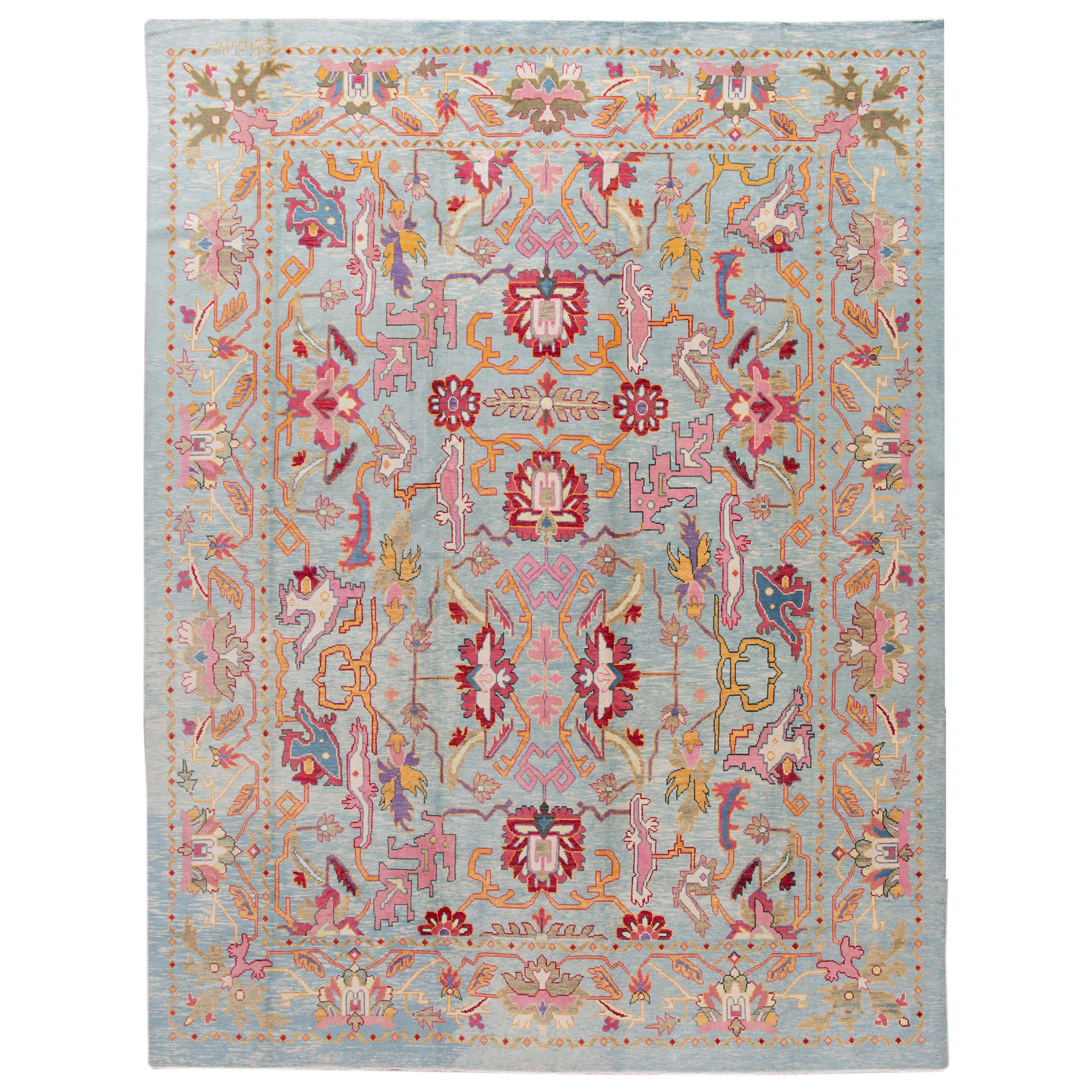 Modern Oushak Colorful Botanical Handmade Wool Rug