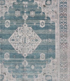 Modern Oushak Design in Silver and Sea-Foam Green Color
