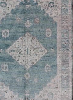 Modern Oushak Design in Silver and Sea-Foam Green Color