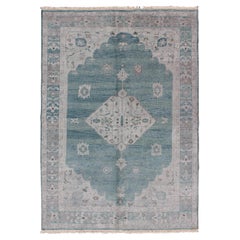 Modern Oushak Design in Silver and Sea-Foam Green Color